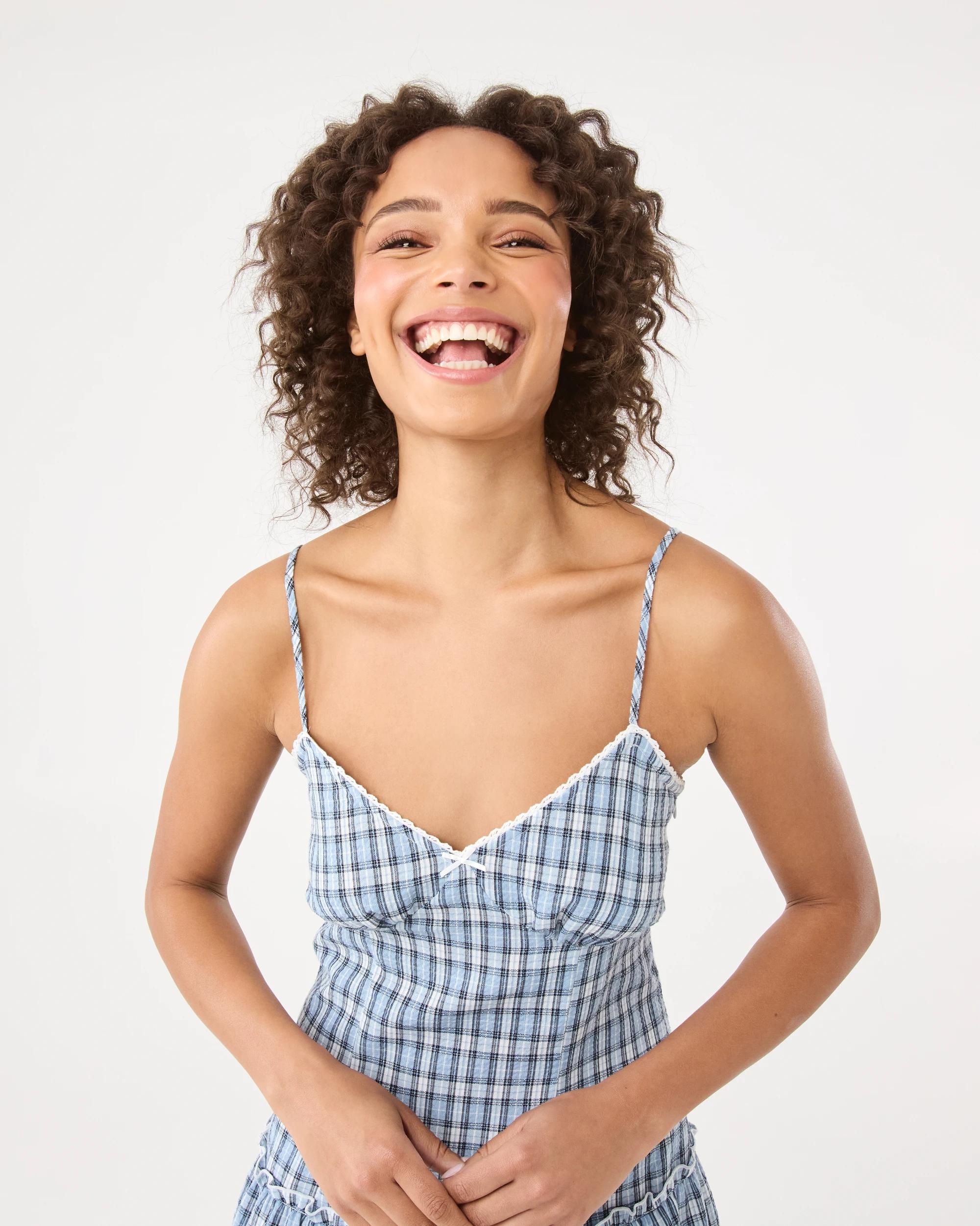 7 Sleeveless Check Print Mini Dress Blue Check, 7 of 10