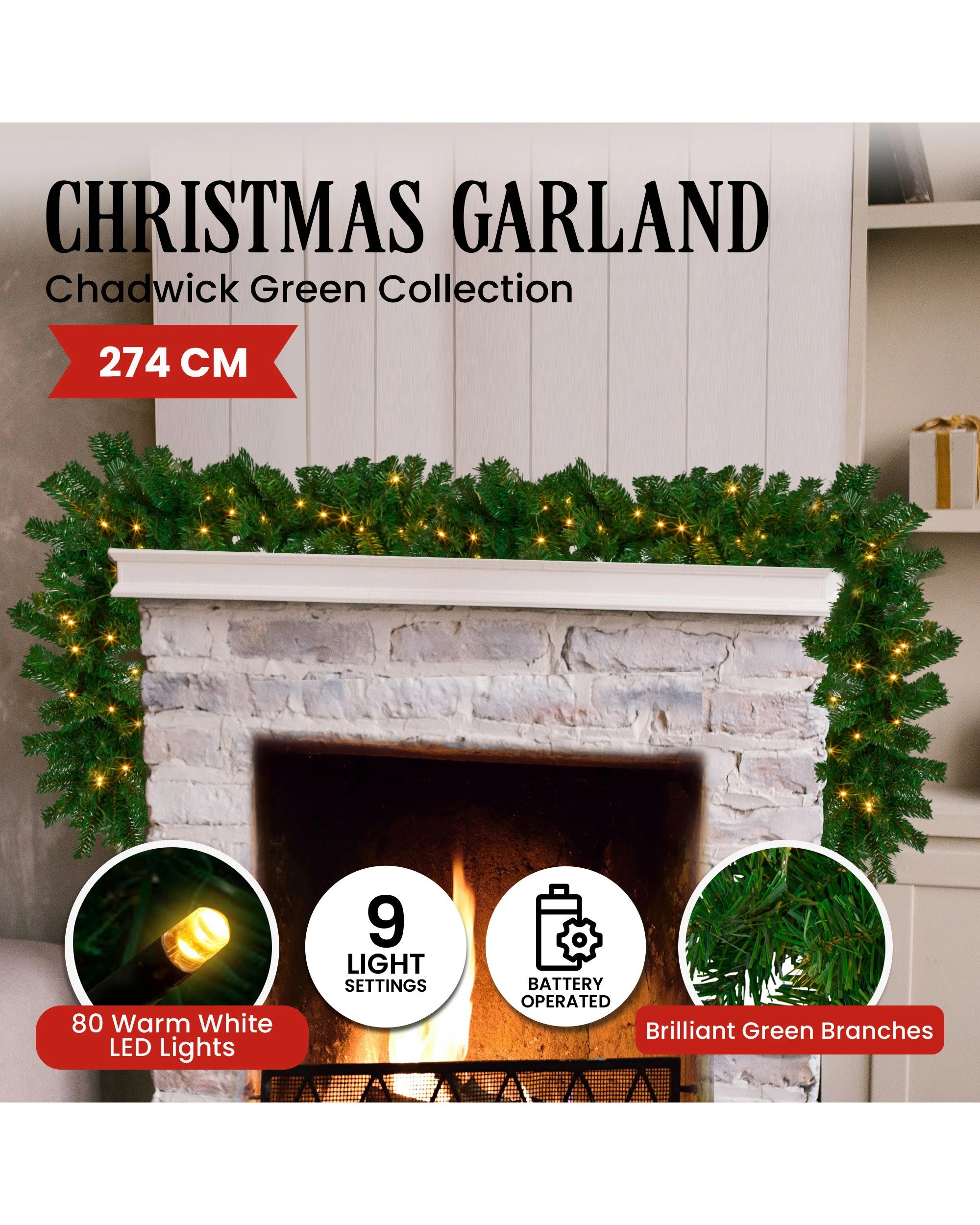 6 Christabelle 2.7m Christmas Garland With Led Lights Chadwick Tree Decoration Ornament, 6 of 6