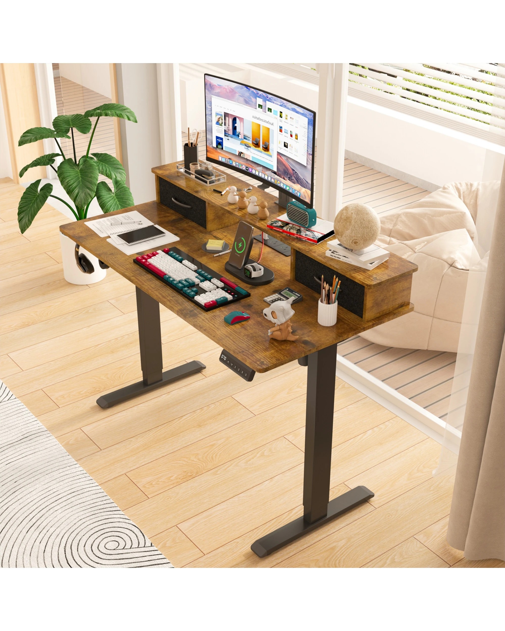 3 Advwin Electric Standing Desk Adjustable Height Stand Up Desk With Monitor Stand 2 Drawers
 - Brown, 3 of 5