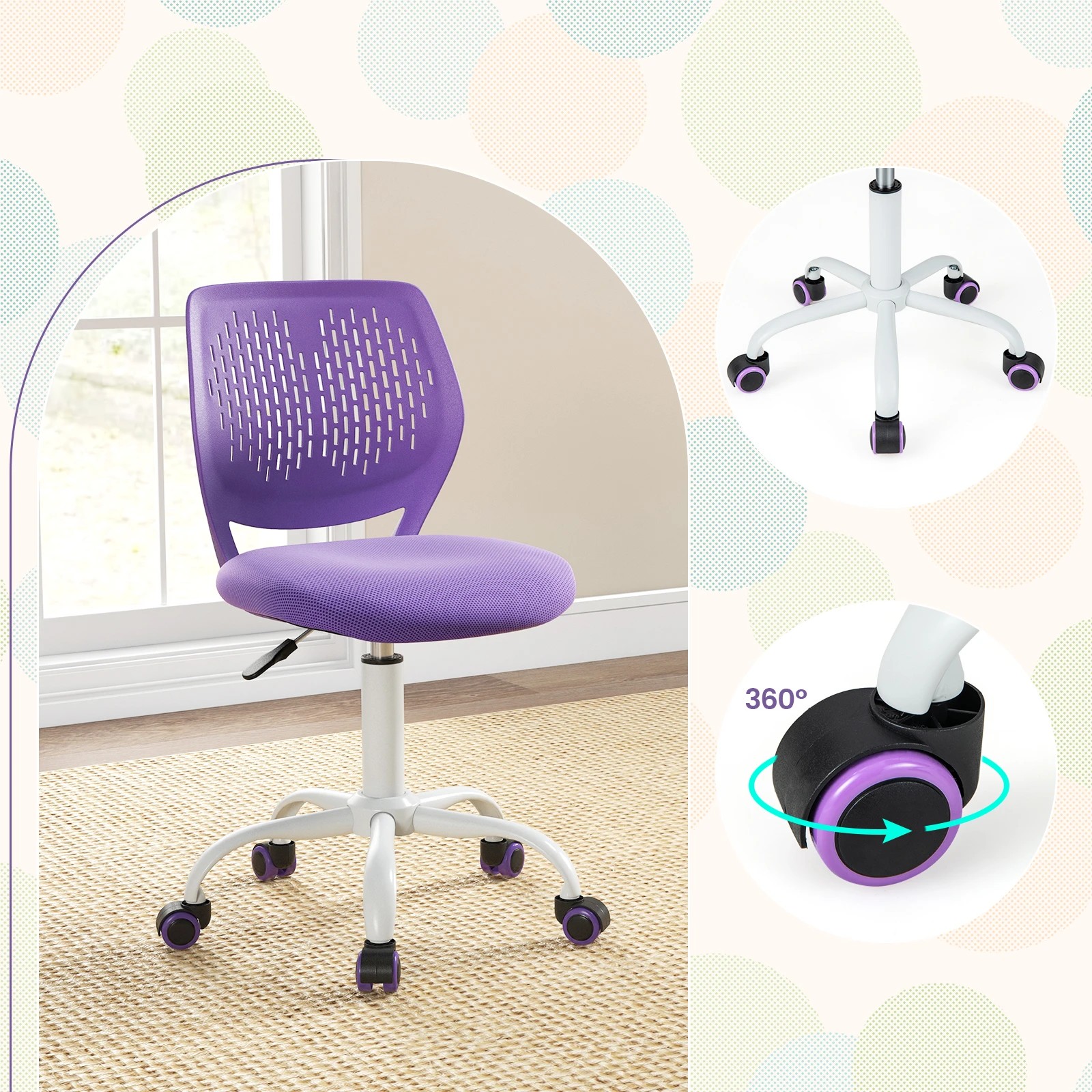 5 Costway Swivel Chair Teens Desk Chair w/Adjustable Height - Purple, 5 of 6
