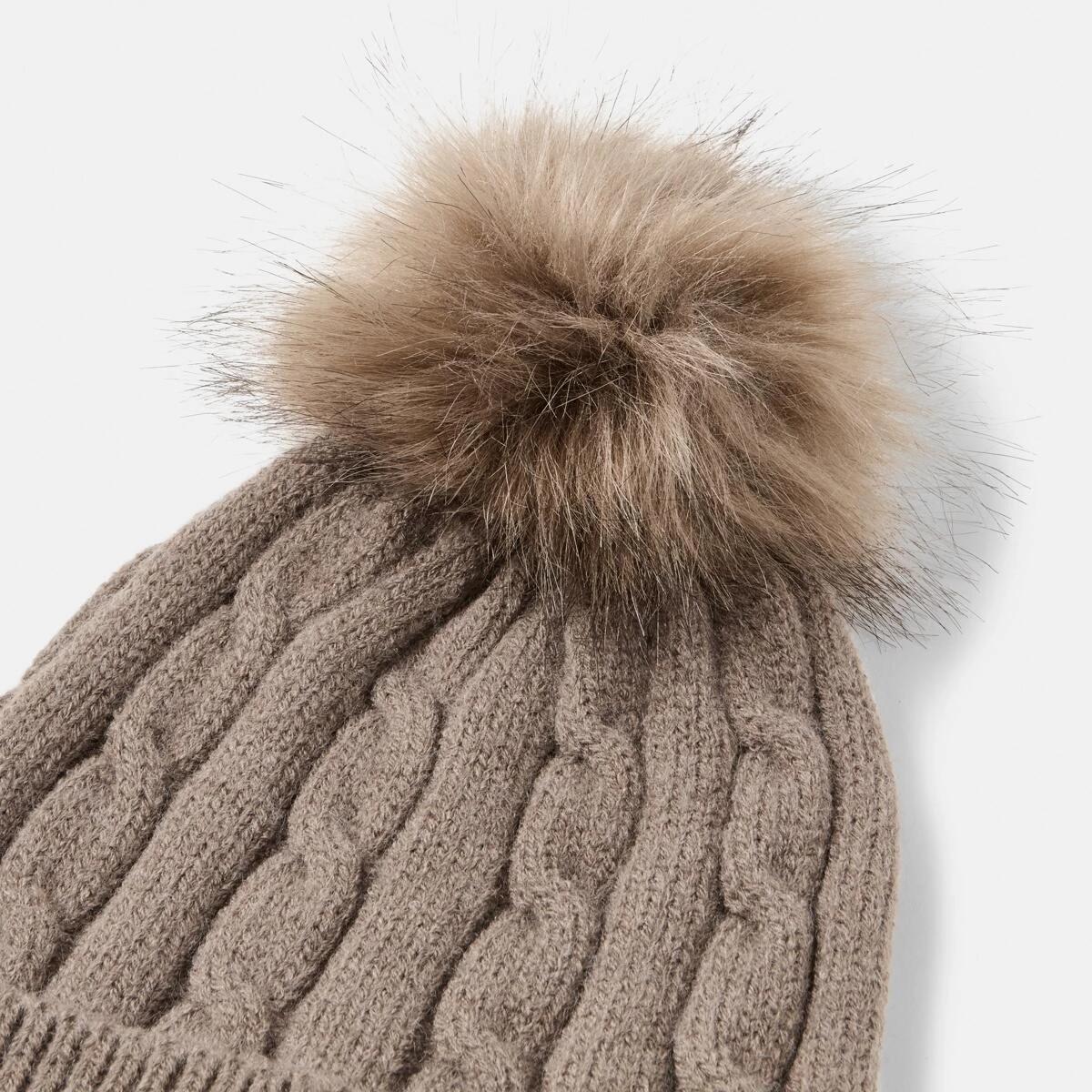 3 Cable Pom Pom Beanie Taupe Brn, 3 of 4