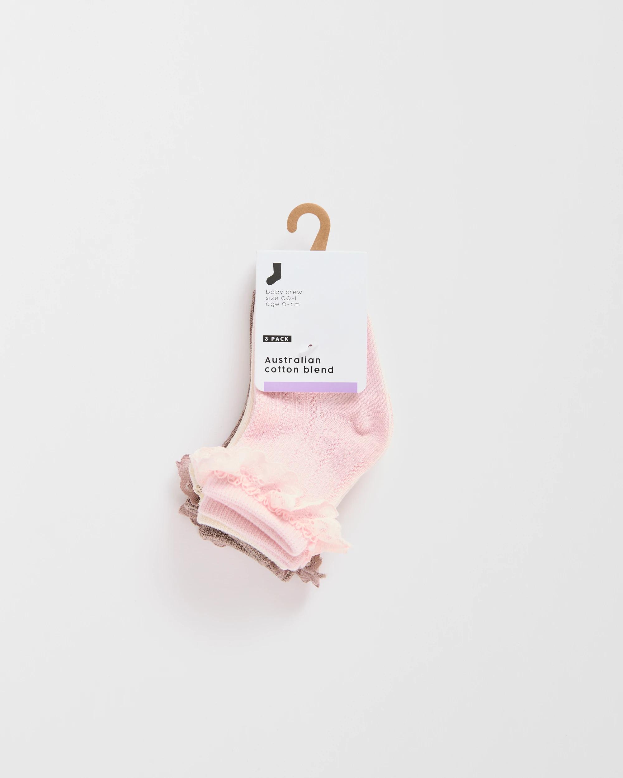 3 Target Baby Australian Cotton Blend 3 Pack Textured Lace Trim Socks PINK/CREAM/BROWN, 3 of 3