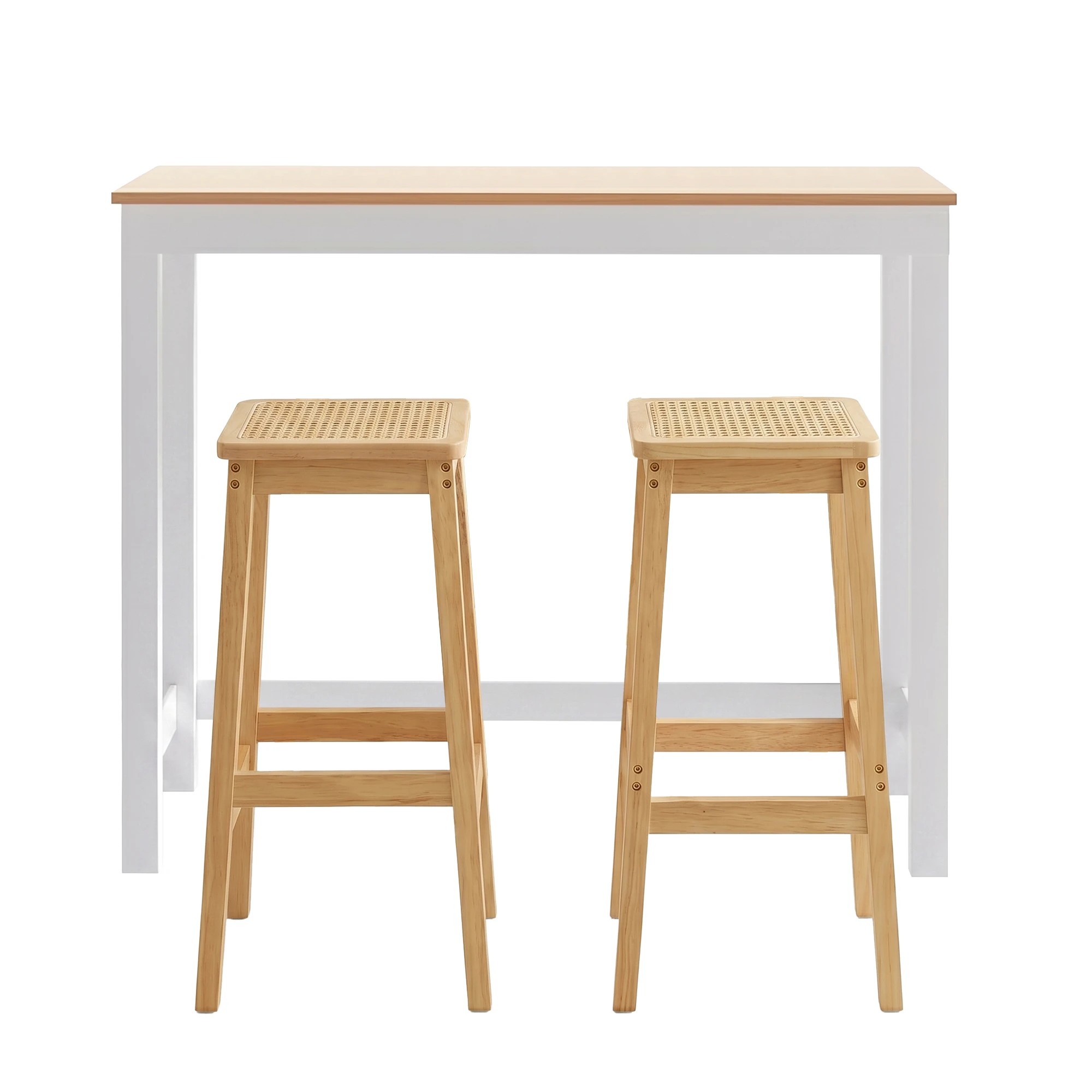 3 Artiss Bar Table and Stools Set Dining Desk Solid Wood Rattan Kitchen Chairs Cafe Pub - Natural, 3 of 9