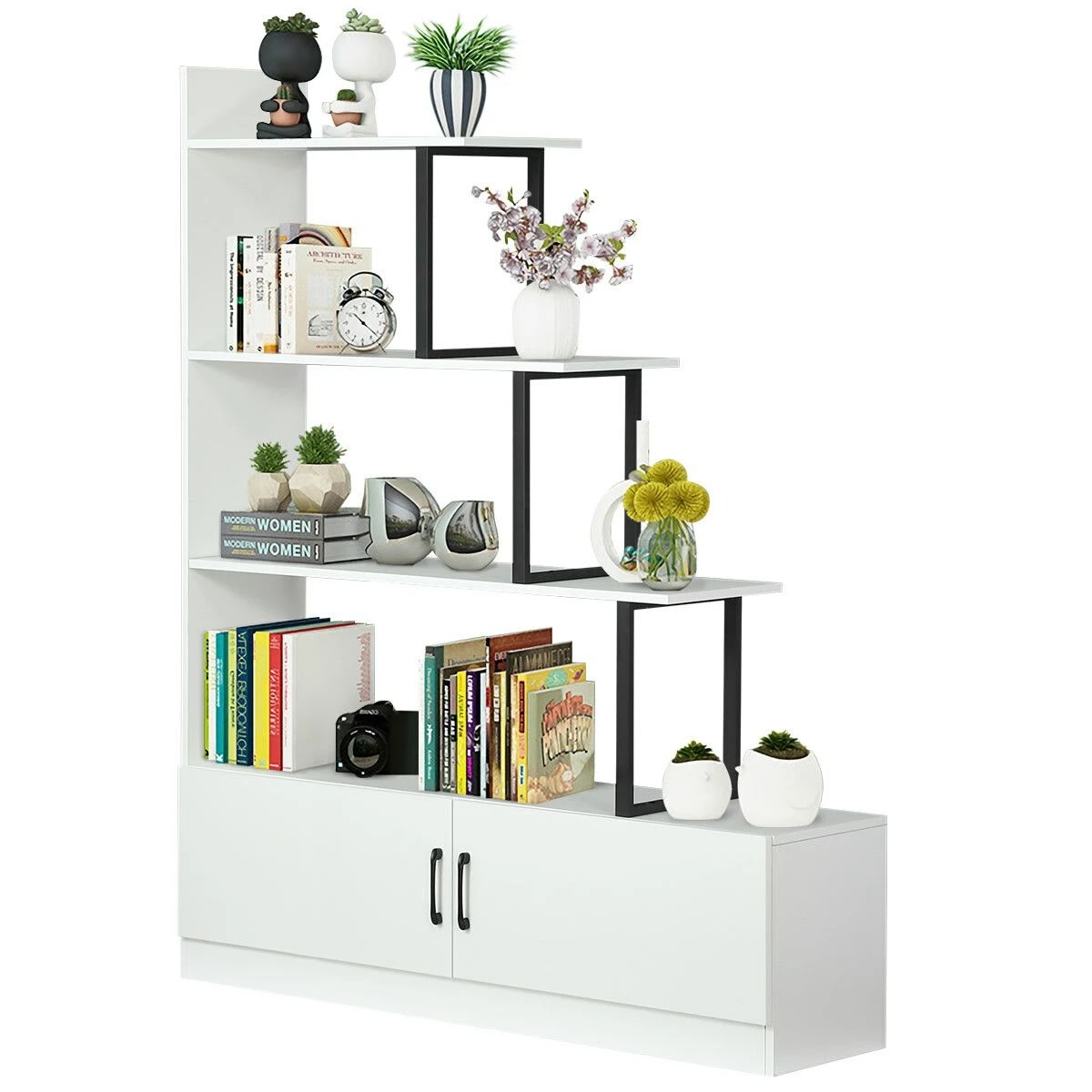 1 Ausway 5 Tier Ladder Bookshelf Storage Cube Rack Cabinet Display Shelf Unit with 2 Doors, 1 of 8