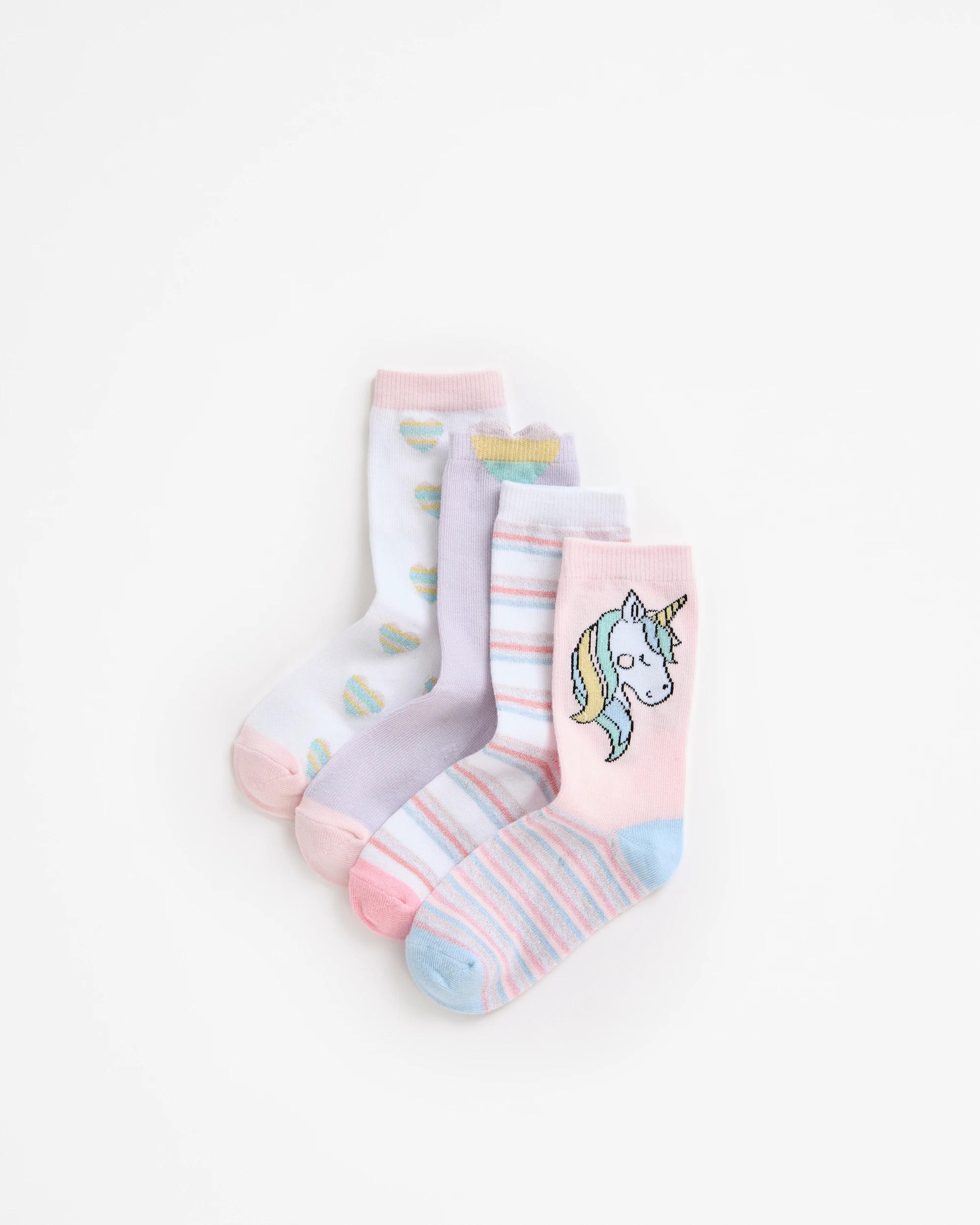 1 Maxx 4 Pack Girls Casual Crew Socks UNICORN & HEART, 1 of 3