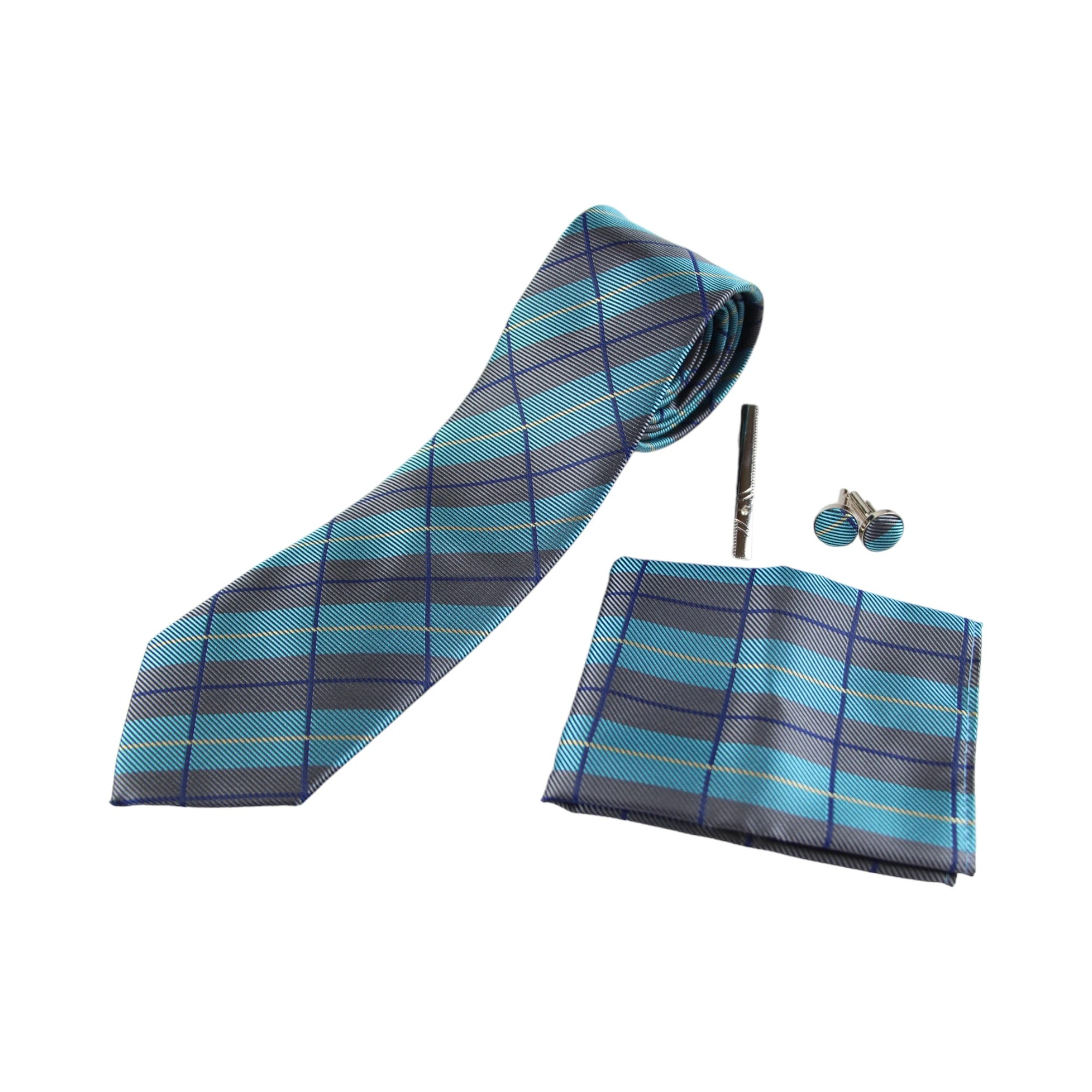 2 Zasel Mens Grey, Sky Blue & Navy Checkered Matching Neck Tie, Pocket Square, Cuff Links And Tie Clip Set - Multi, 2 of 3