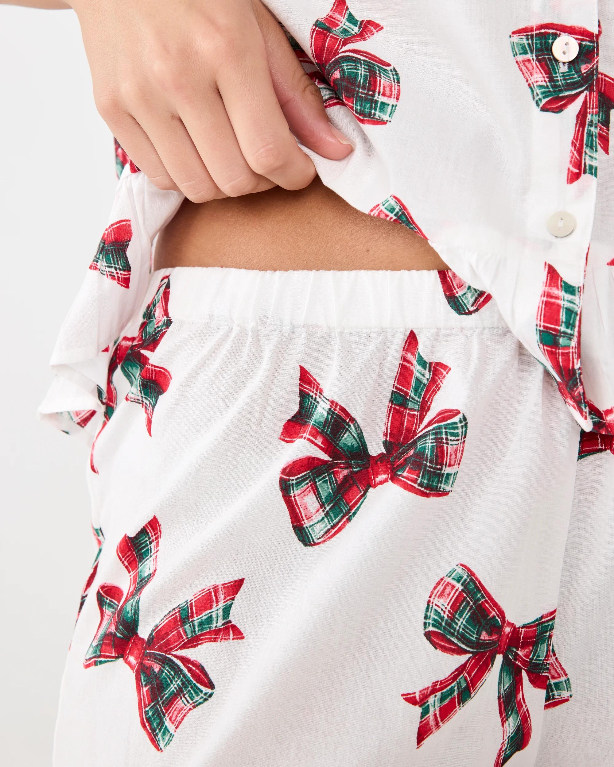 9 Short Sleeve Ruffle Woven Top & Shorts Pyjama Set Xmas Bows, 9 of 10