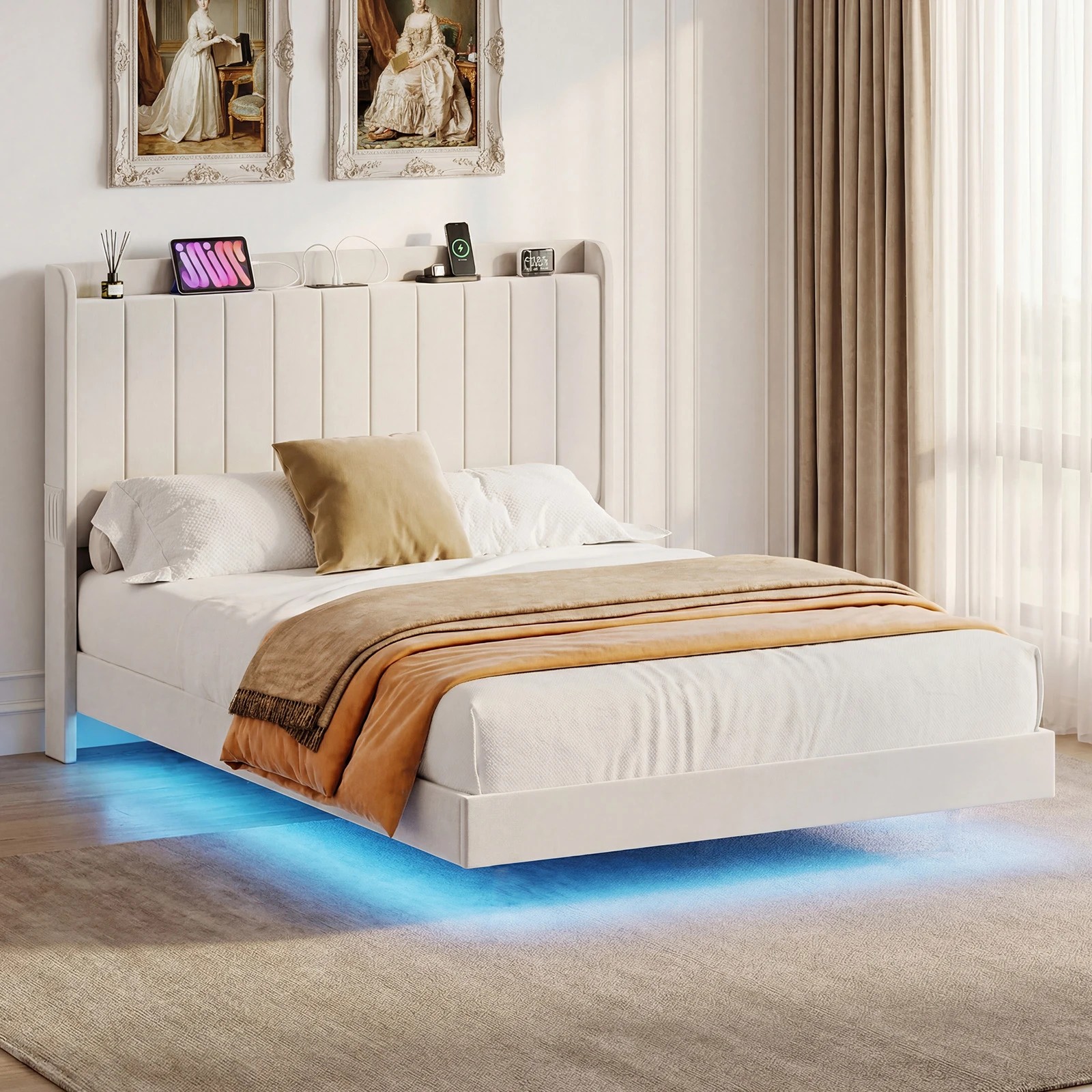 6 Advwin Queen Velvet Floating Bed Frame with RGB LED and Charging Station - Beige, 6 of 7