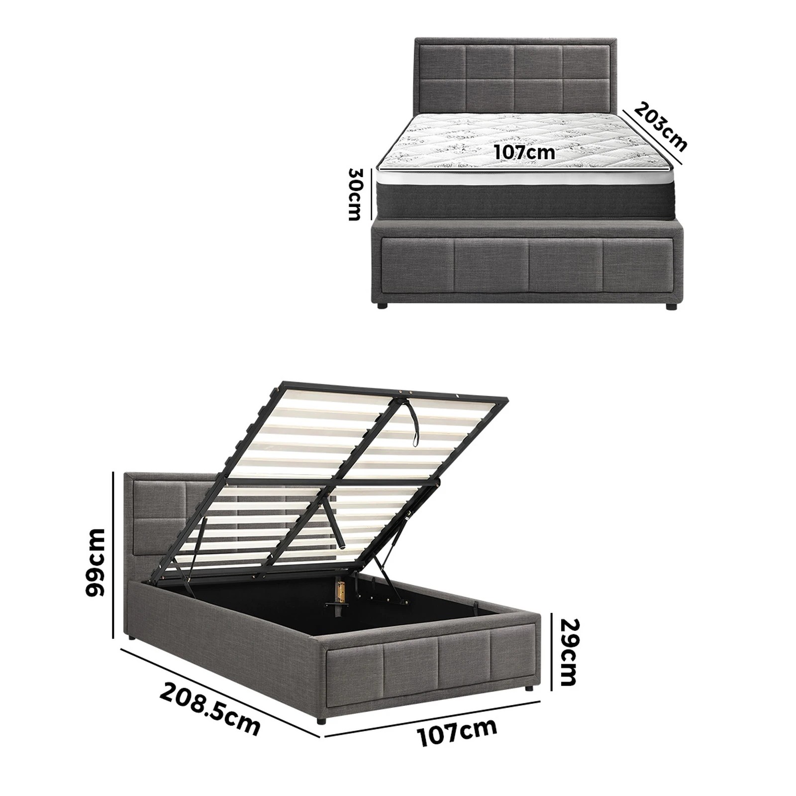 2 Oikiture Bed Frame King Single Size Gas Lift Storage With Mattress Set BOSS - Grey, 2 of 8