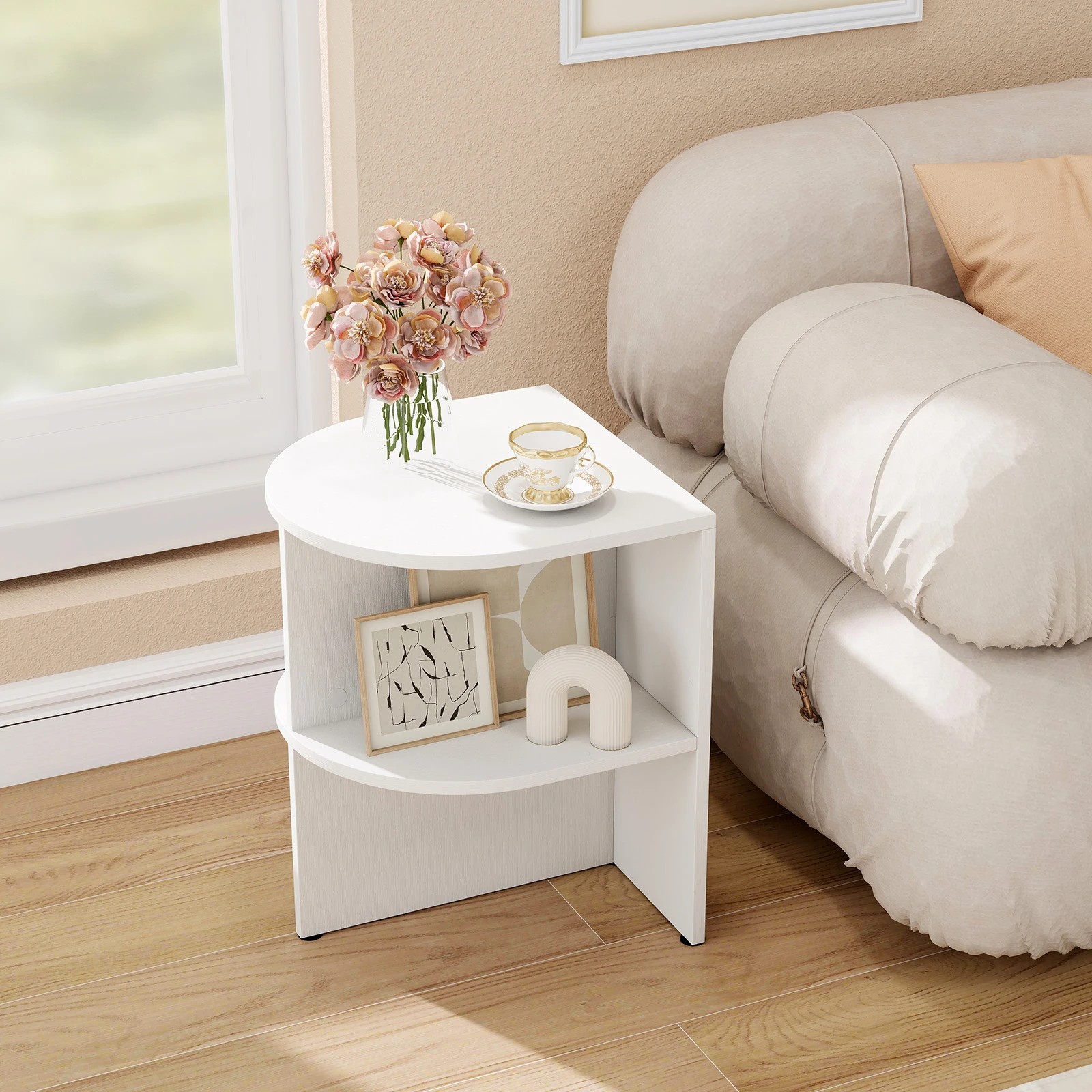 2 Costway Half Round Side Table 2-Tier Wooden Nightstand, 2 of 6