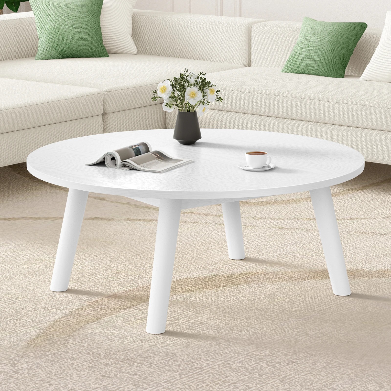 2 Alfordson Coffee Table Modern Round Table Sturdy Wooden Legs Living Room - White, 2 of 10