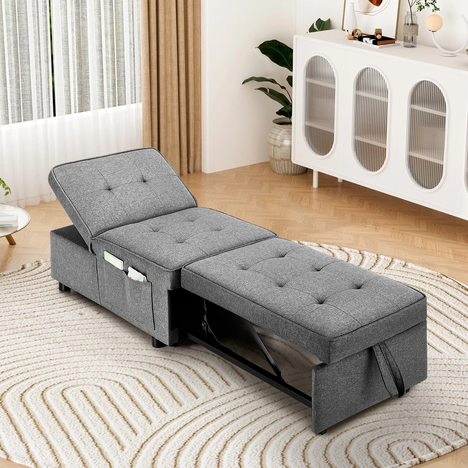 2 Oikiture 4 In 1 Convertible Sofa Bed Ottoman Couch Lounge Recliner Chair Linen
 - Grey, 2 of 10