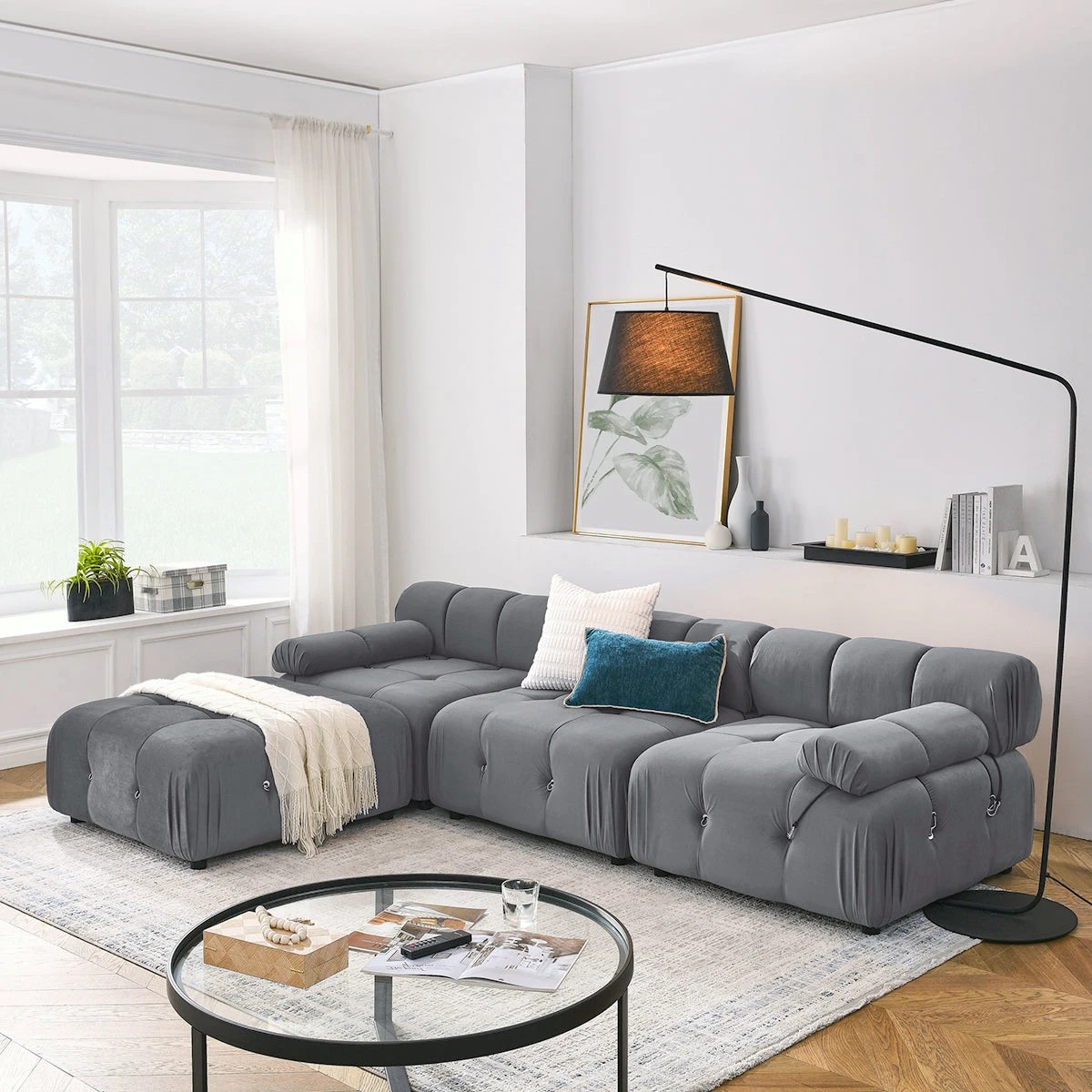 4 Foret 4 Seater Sofa Modular Arm Tufted Velvet Lounge Couch Chaise Light Grey, 4 of 9