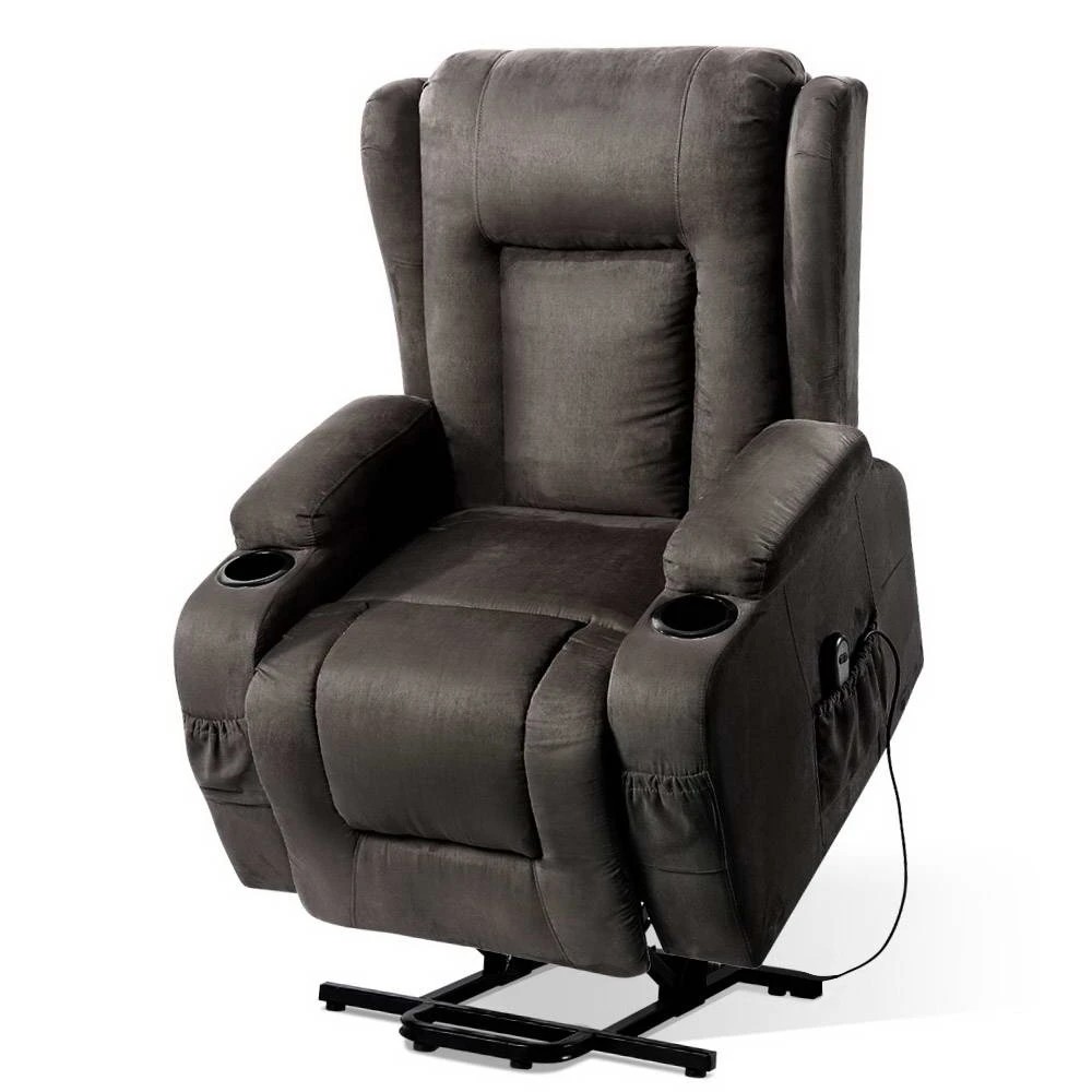 1 Artiss Recliner Chair Lift Assist Heated Massage Chair Velvet - Grey, 1 of 8