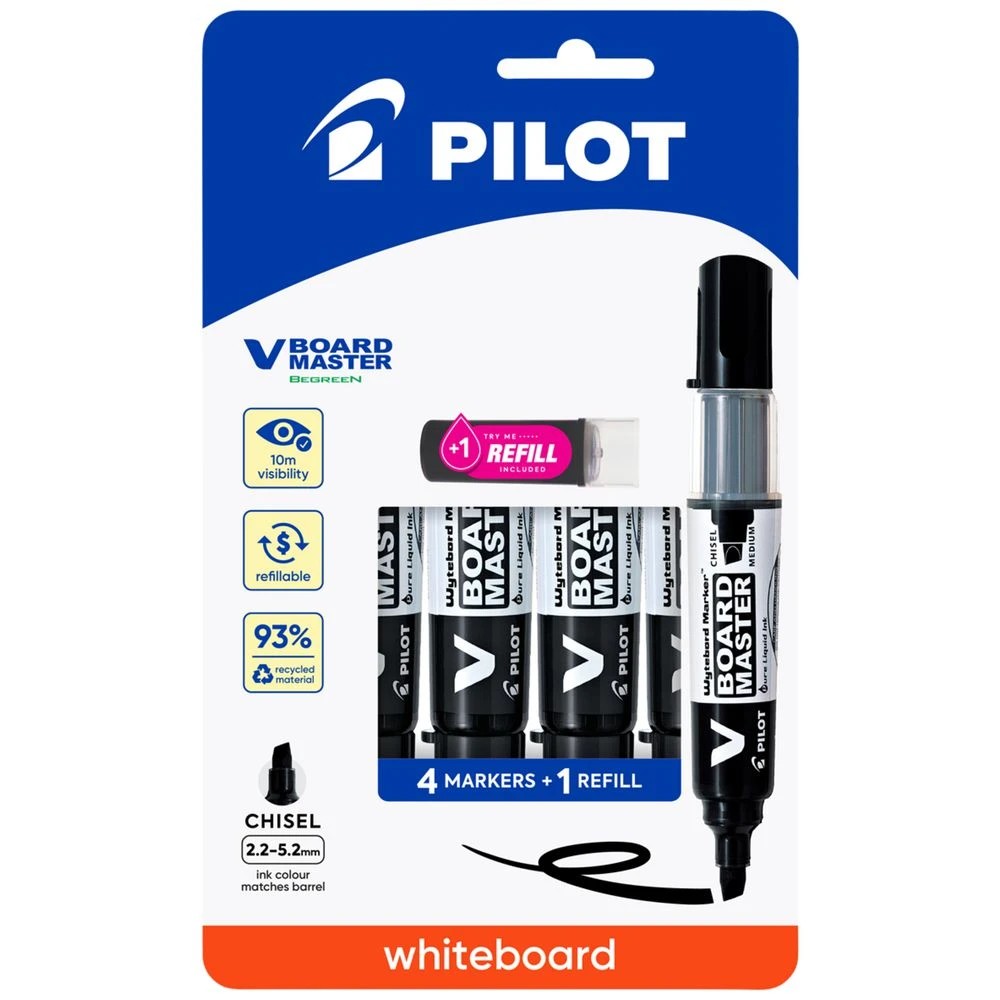 1 PILOT V Board Whiteboard Marker Chisel Black 4 Pack + Refill, 1 of 8