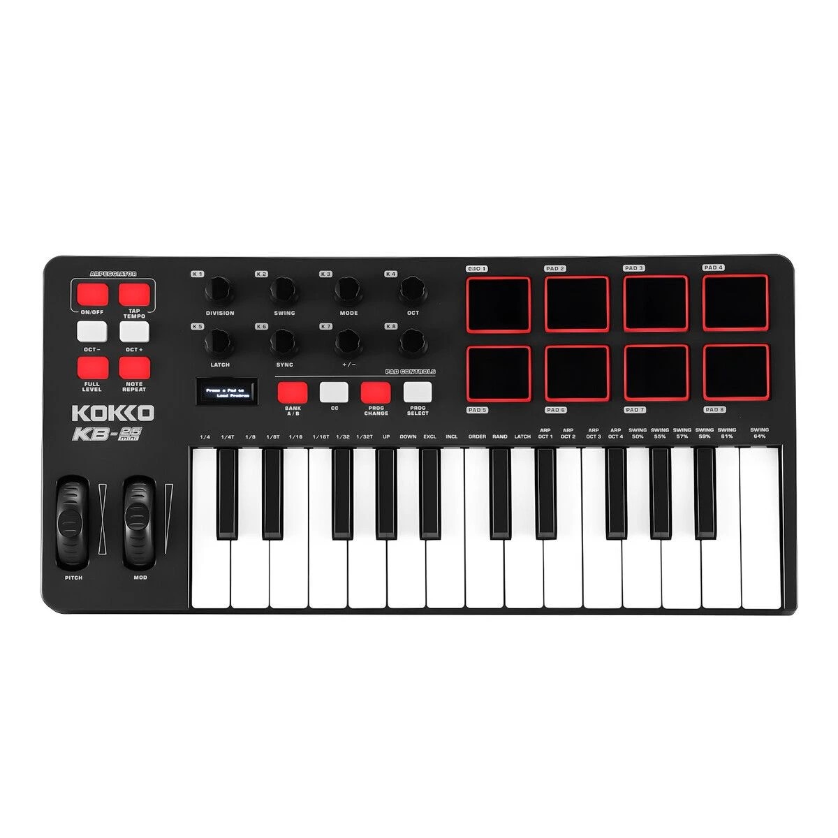 1 AUSWAY USB MIDI Keyboard Controller Portable OLED 25 Semi Weighted Keys 8 Drum Pads, 1 of 3