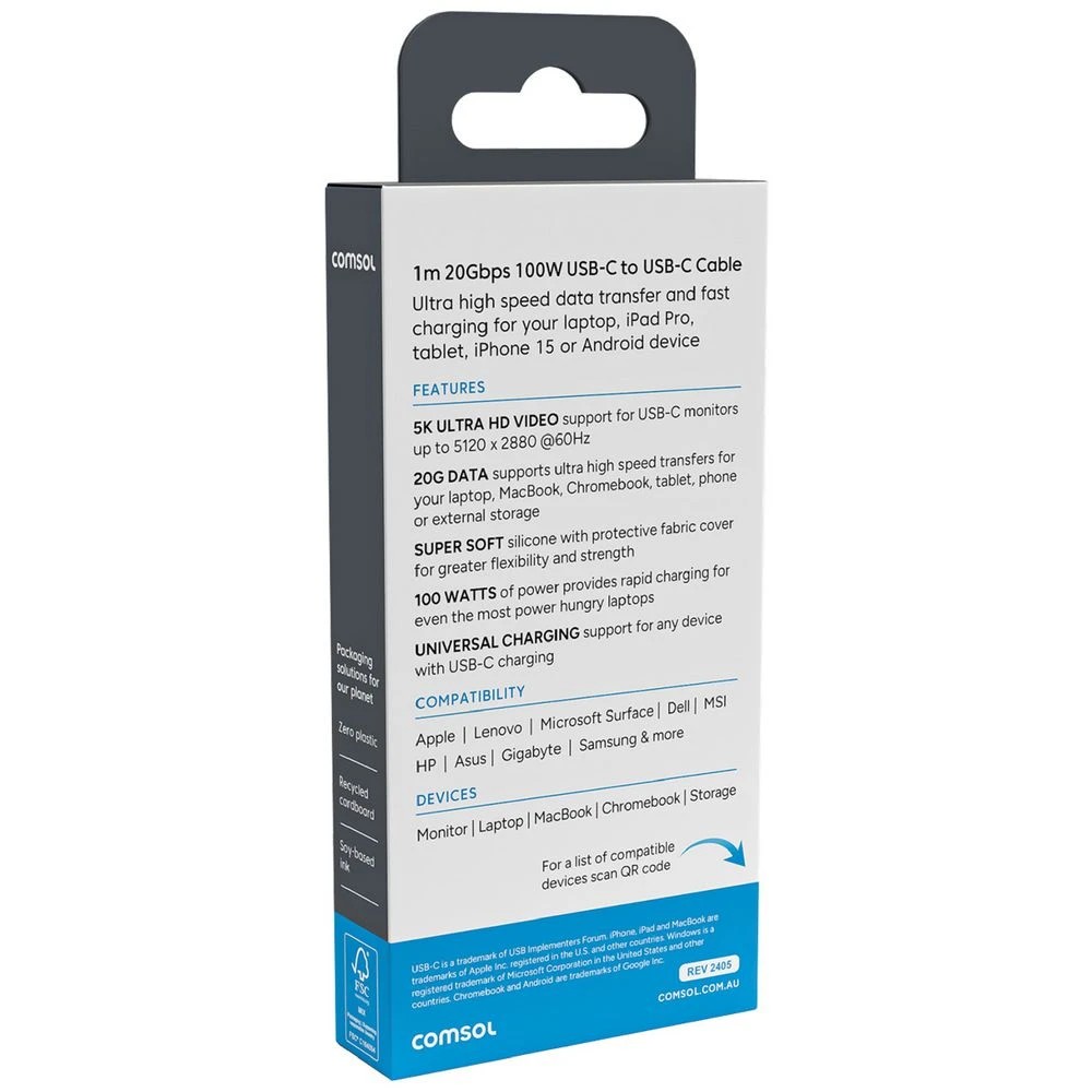 3 Comsol USB-C Cable 20Gbps 1m Black, 3 of 4