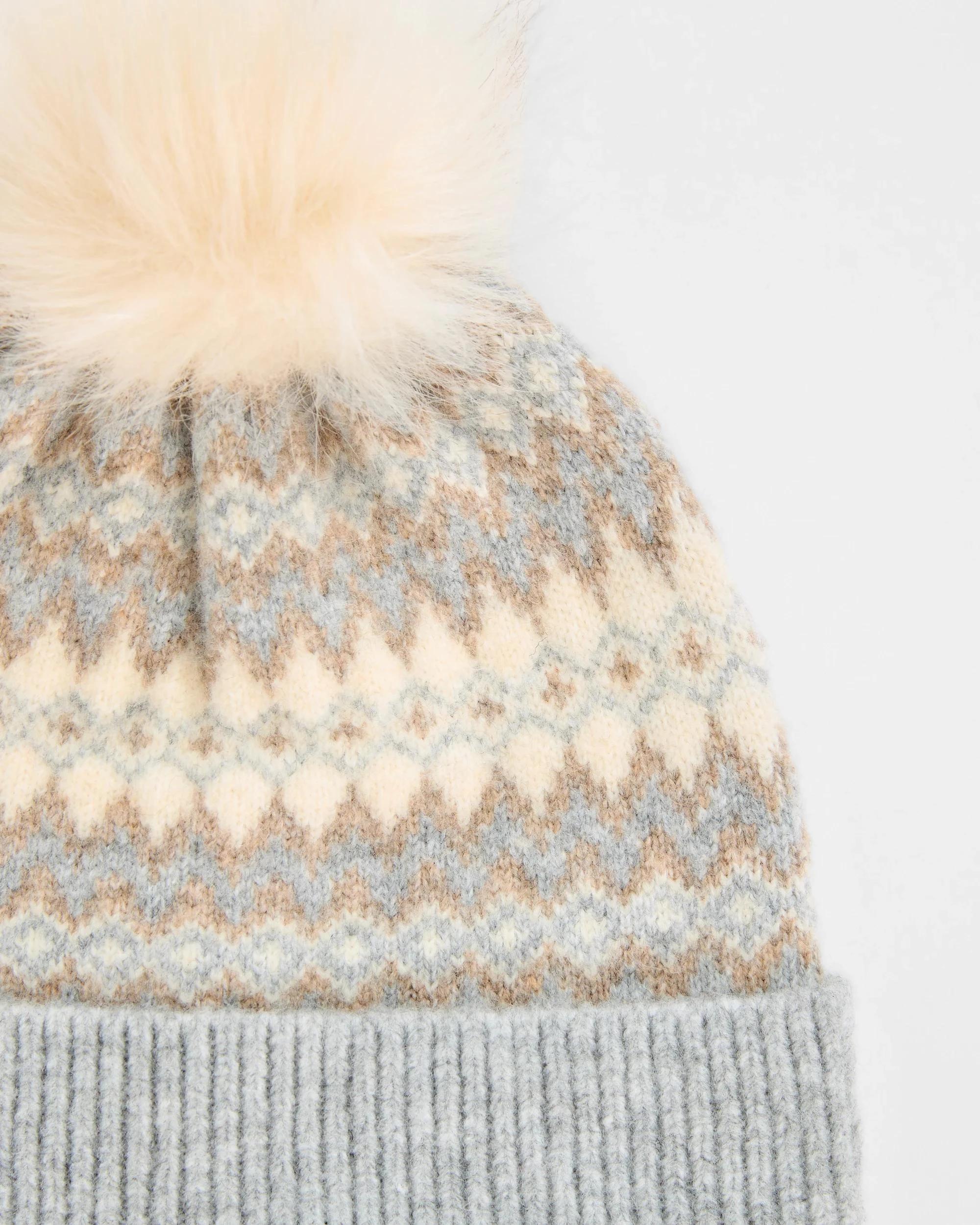2 Target Woman Fair Isle Faux Fur Pom Pom Beanie GREY, 2 of 2