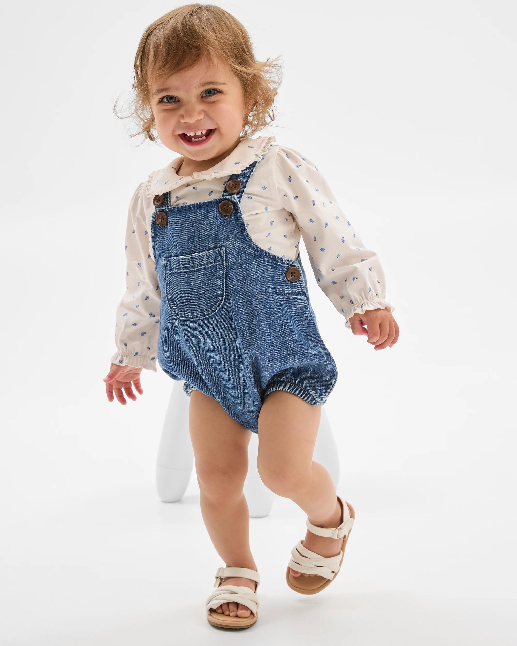 1 Target Baby Denim Romper and Frill Collar Blouse Set MID WASH, 1 of 5