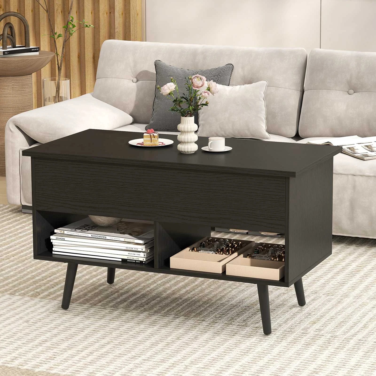4 Costway 80cm Lift Top Coffee Table Modern Dining Table w/Hidden Storage Compartment - Black, 4 of 5