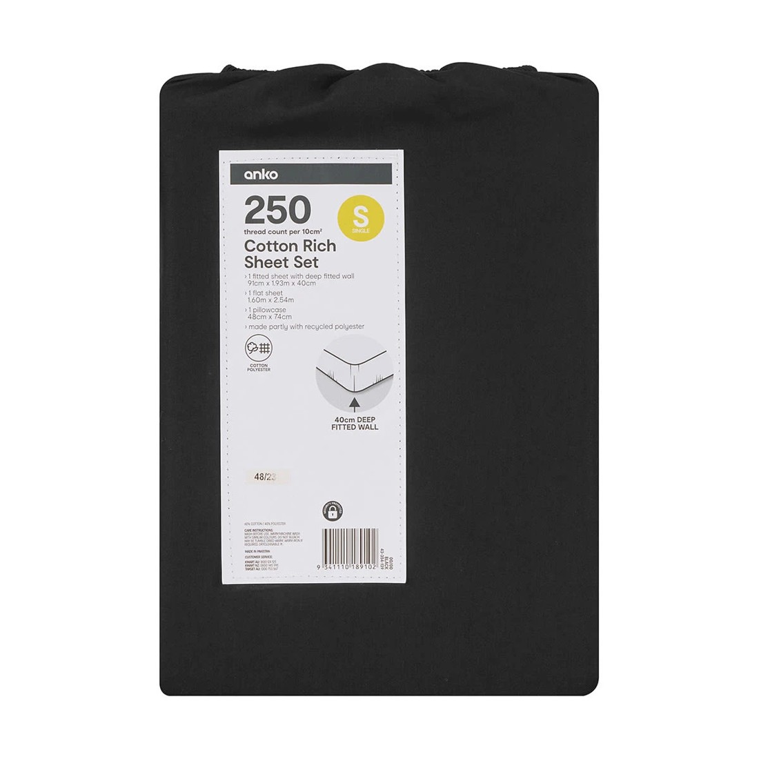 7 250 Thread Count Cotton Rich Sheet Set - Single Bed, Black, 7 of 7