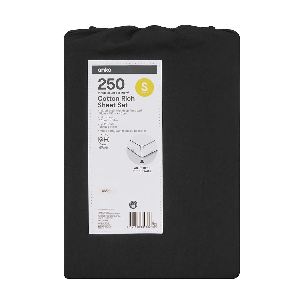 7 250 Thread Count Cotton Rich Sheet Set - Single Bed, Black, 7 of 7