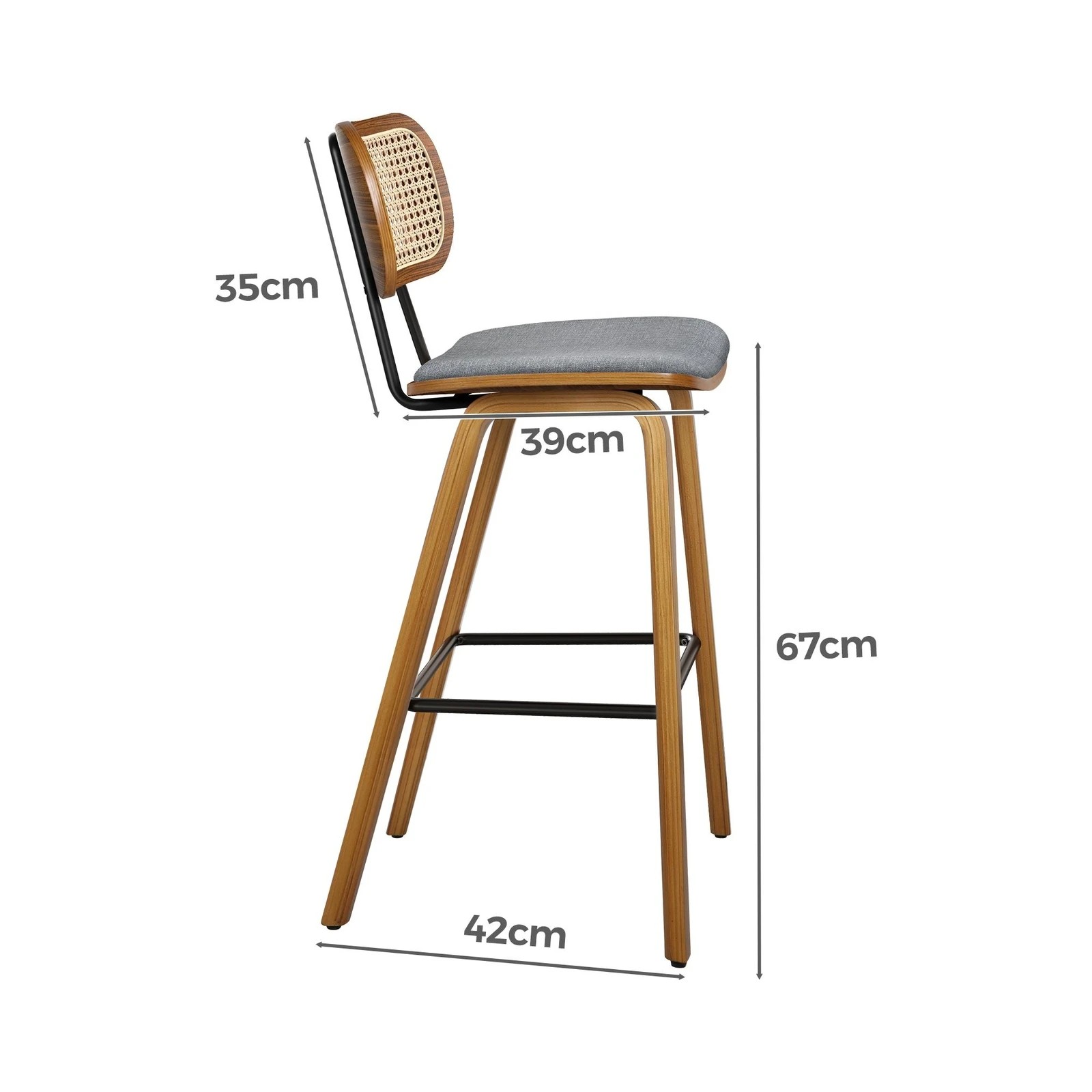 7 Alfordson 2x Bar Stools Kitchen Vintage Fabric Seat Rattan Chair Wooden - Grey, 7 of 8