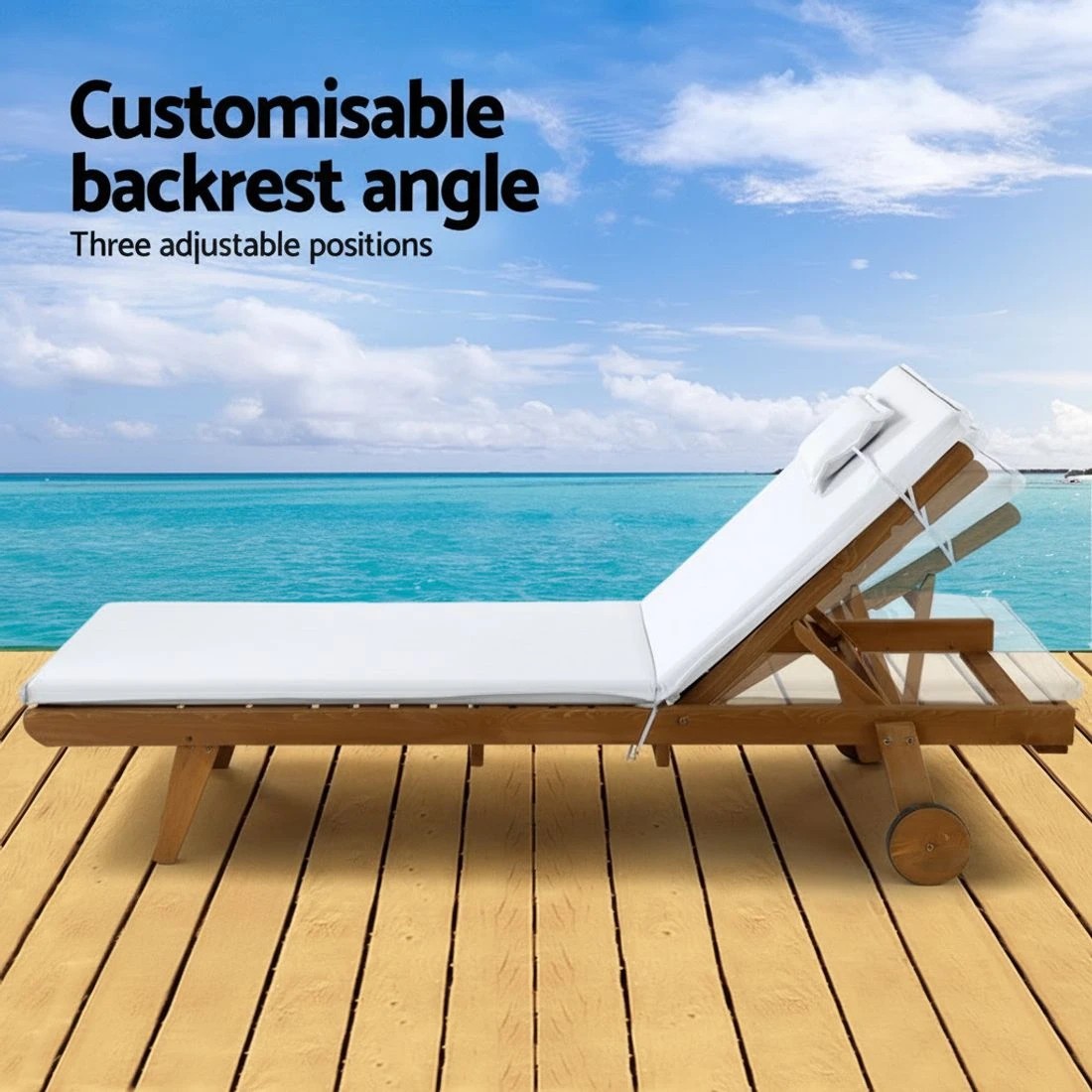 4 Gardeon 2x Sun Lounge Wooden Lounger Outdoor Furniture Day Bed Wheel Patio - White, 4 of 4