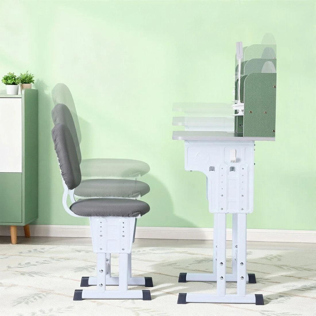 4 Keezi Kids Study Desk Chair Set Adjustable Ergonomic Table LED Lamp Green - Green, 4 of 6