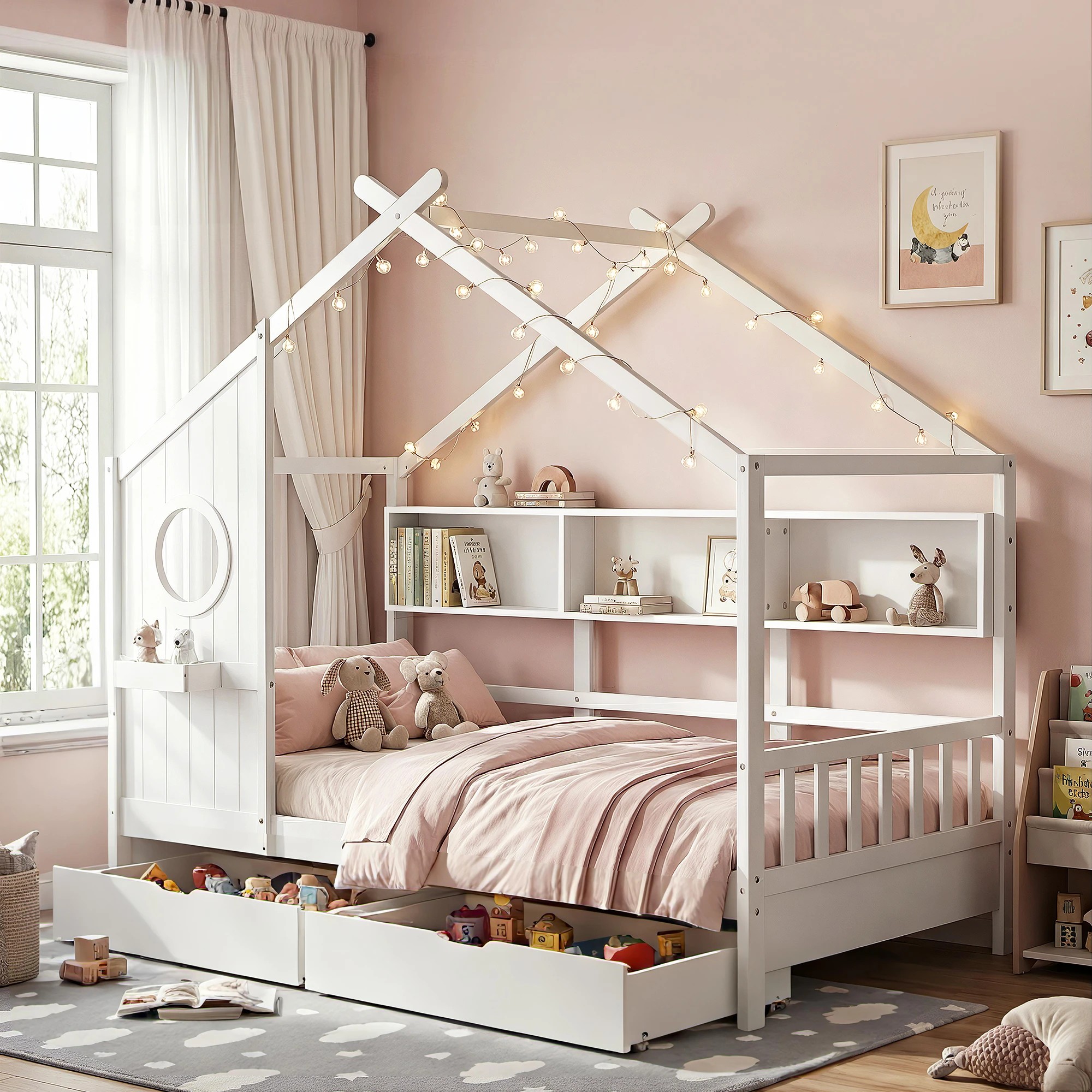 10 Artiss Kids Bed Frame with 3 Storage Bookcase & 2 Drawers House Bed Solid Wood Montessori Bed Easy - Single Bed - White, 10 of 10