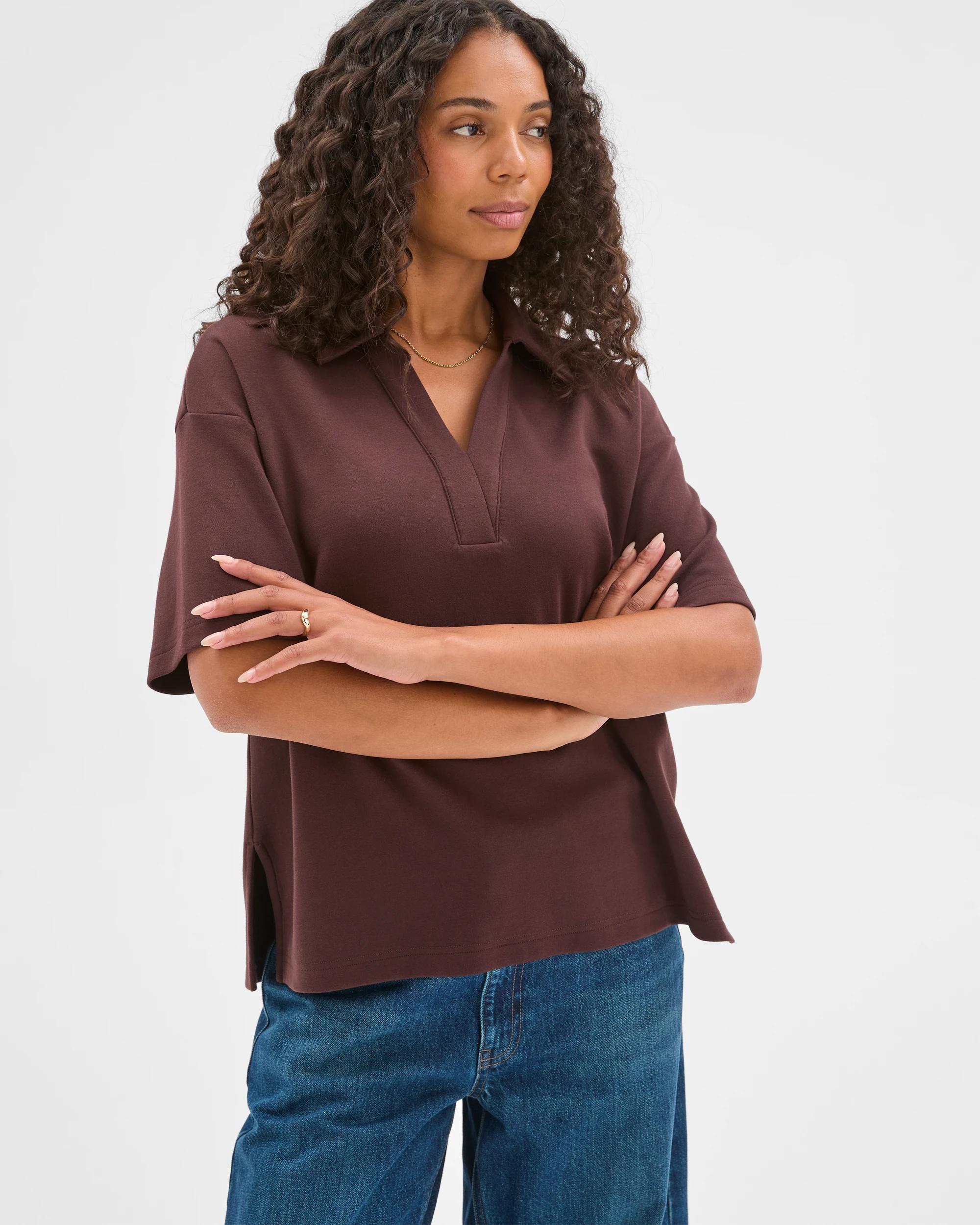 3 Target Woman Australian Cotton Blend Interlock Polo Neck T-Shirt CHOCOLATE PLUM, 3 of 7