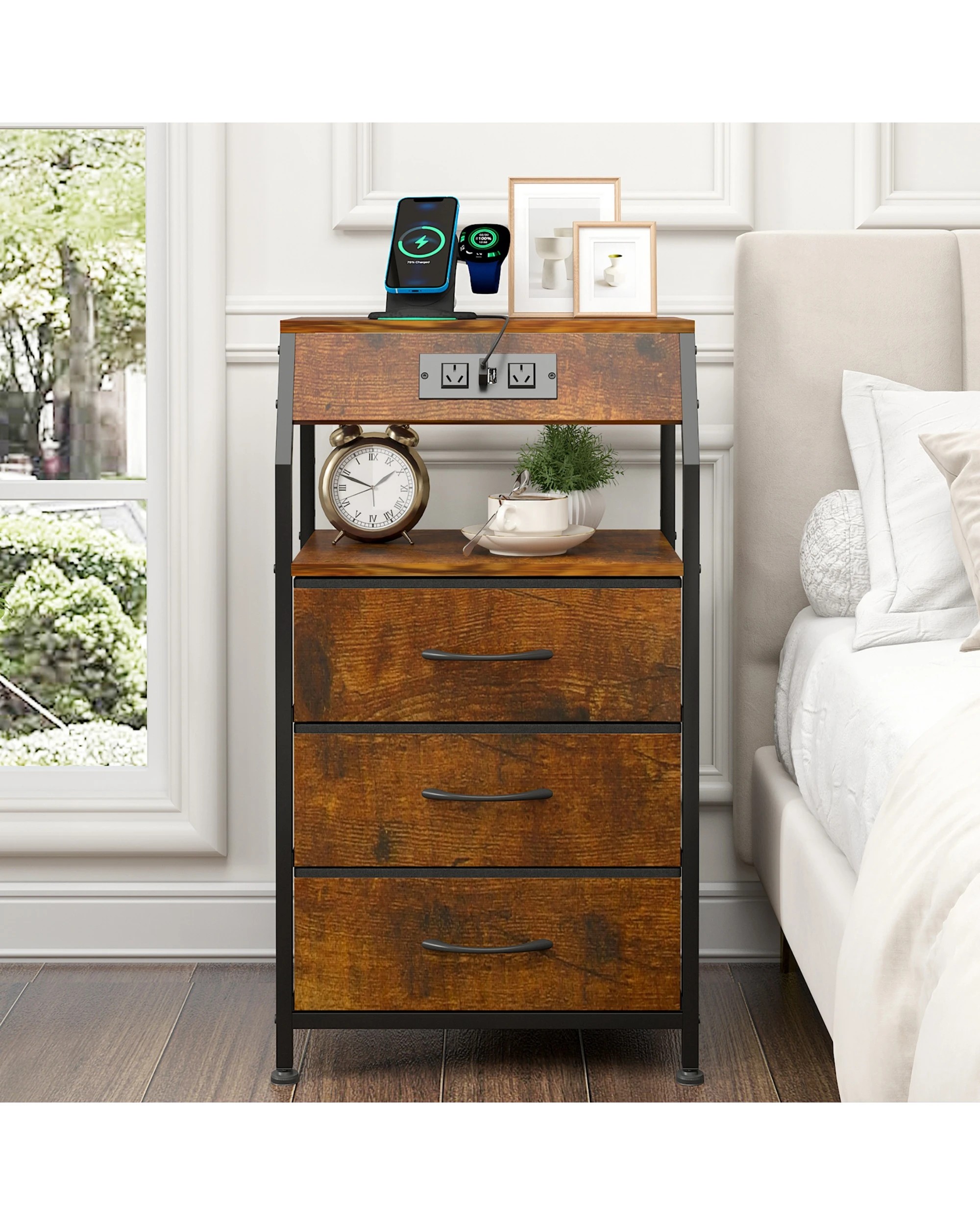 6 Advwin Bedside Table with Charging Station 3 Fabric Drawers - Brown, 6 of 7