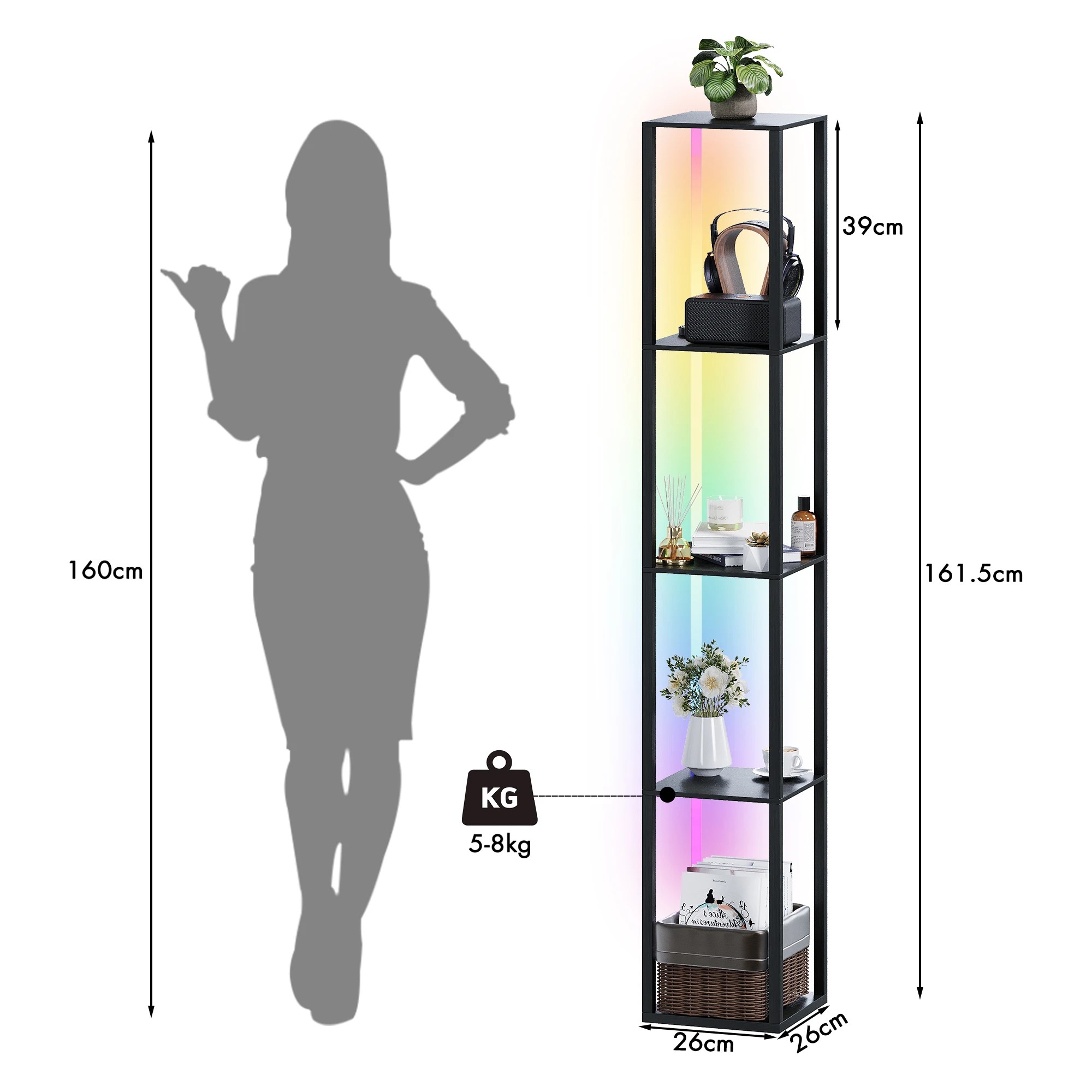 2 Advwin 5 Tier LED Floor Lamp Corner Shelf Display Bookcase Storage Unit Stand Bookshelf - Black, 2 of 6