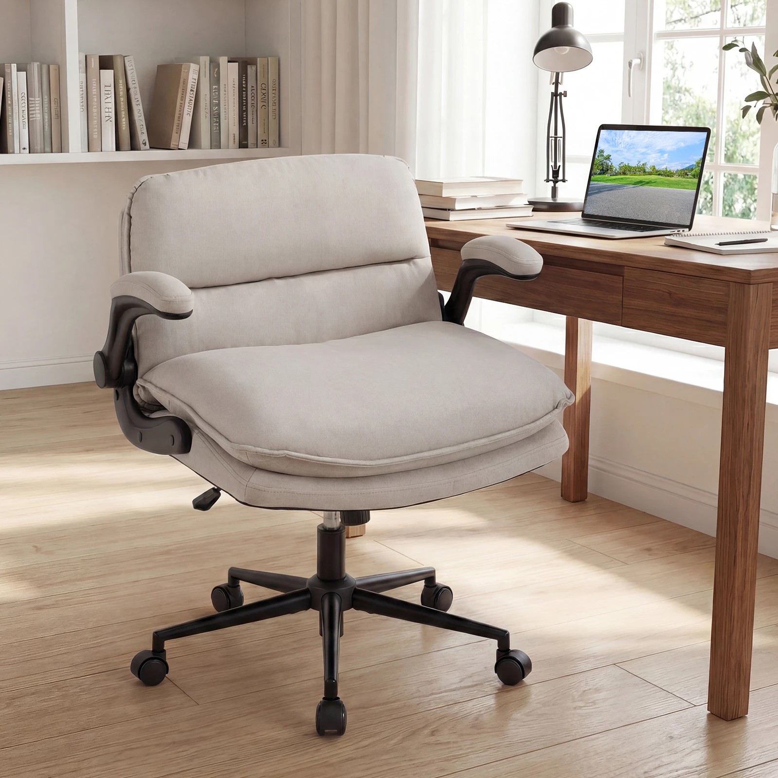 3 Costway Office Desk Chair Flip up Arms Vanity Stool Swivel Criss Cross Armchair w/Backrest - Beige, 3 of 4