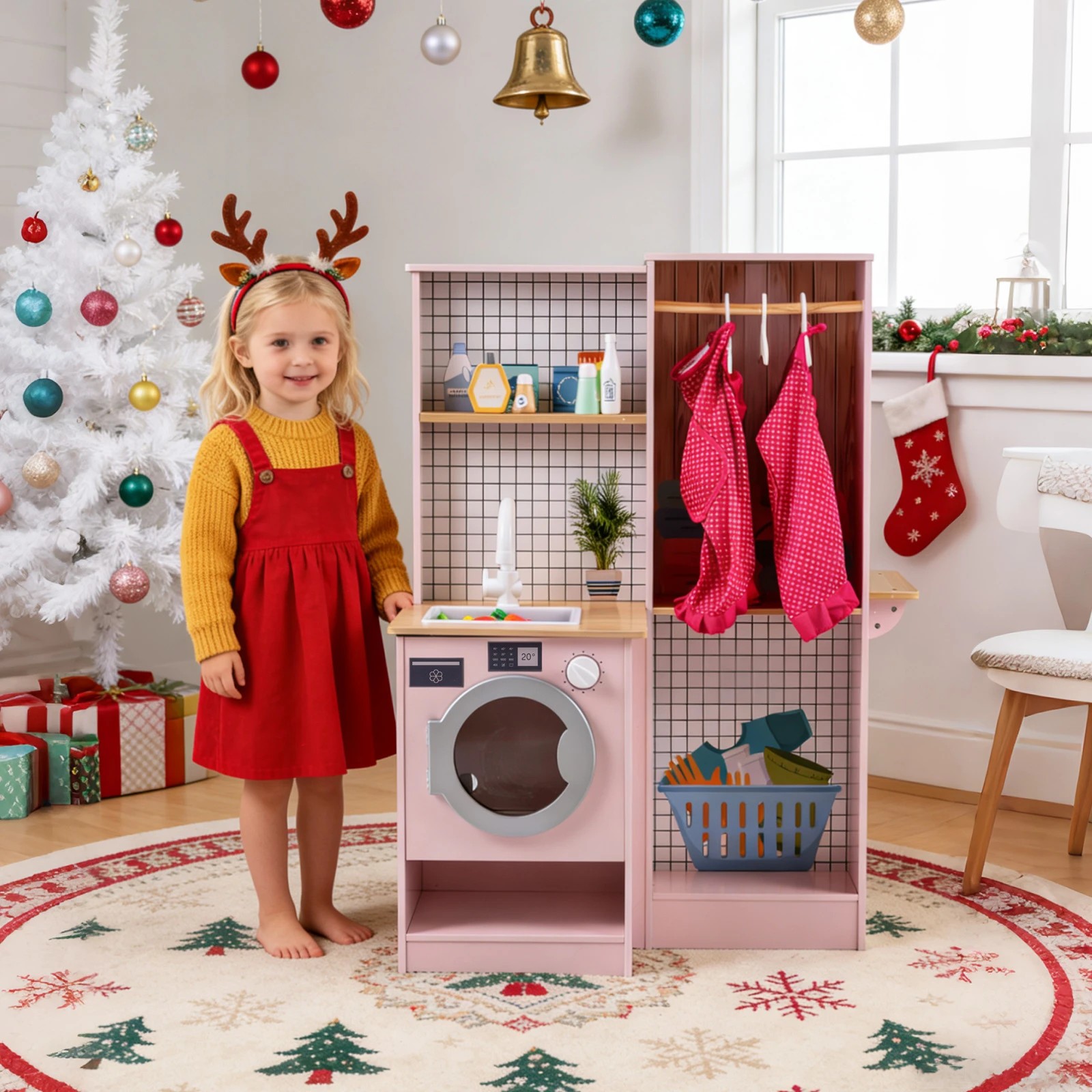 2 Costway Dual-Sided Wooden Kitchen Playset Pretend Play Kitchen - Pink, 2 of 2