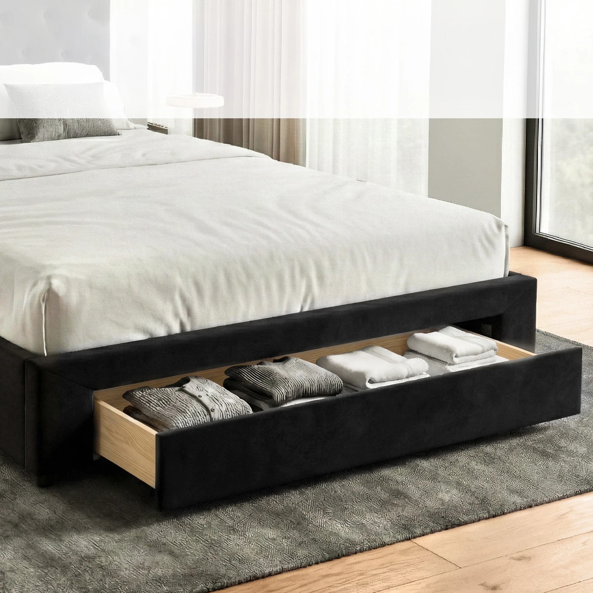 4 Artiss King Bed Frame Storage Charging Station Upholste 3 Drawers USB - Black, 4 of 7