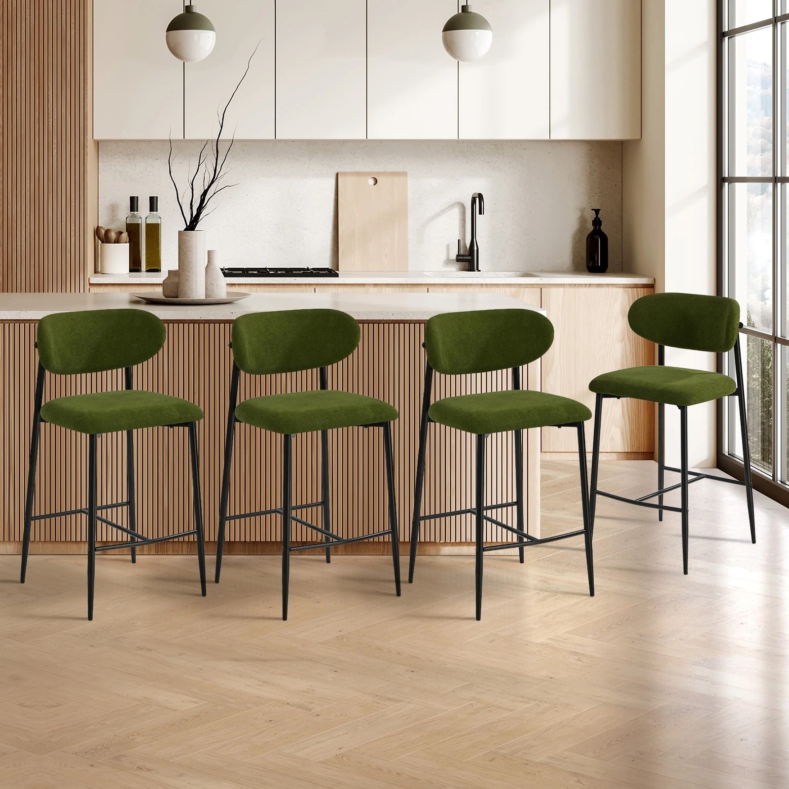 3 Oikiture 4x Bar Stools Kitchen Stool Counter Chair Boucle- Green, 3 of 8