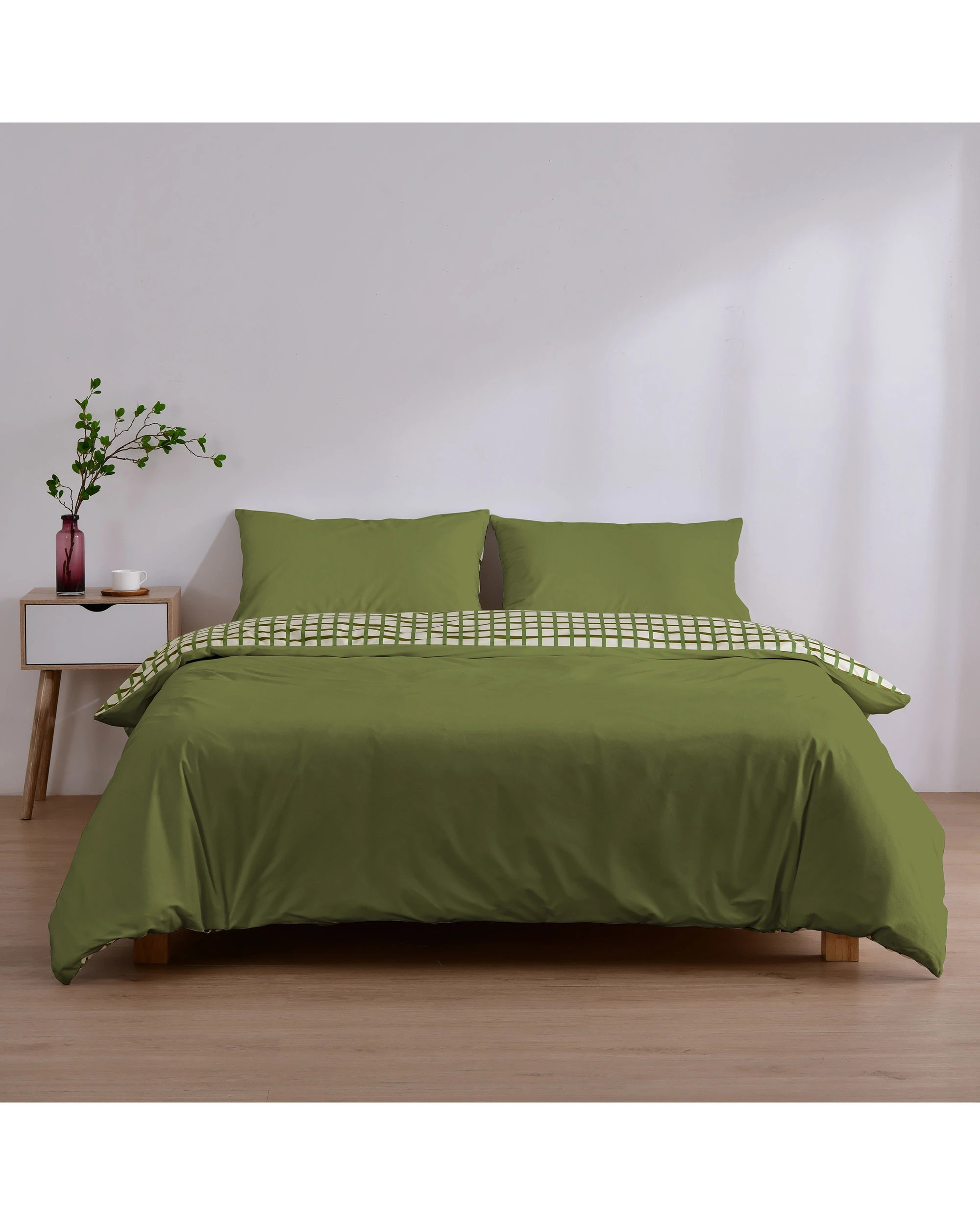 2 Dreamaker Micro Flannel Reversible Grid Quilt Cover Set - Double Bed - Olive, 2 of 9