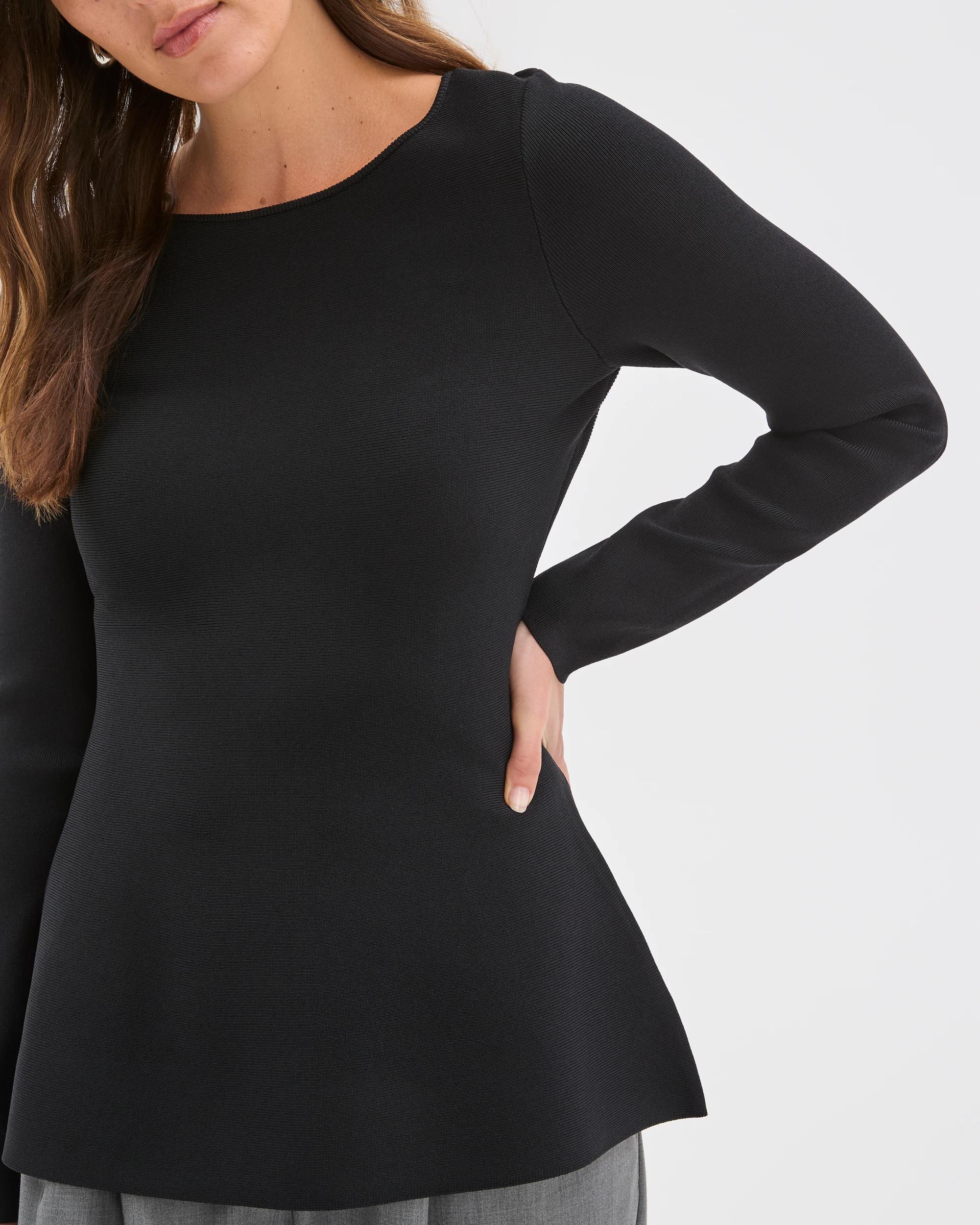 6 Preview Long Sleeve Peplum Crepe Knit Top BLACK, 6 of 7