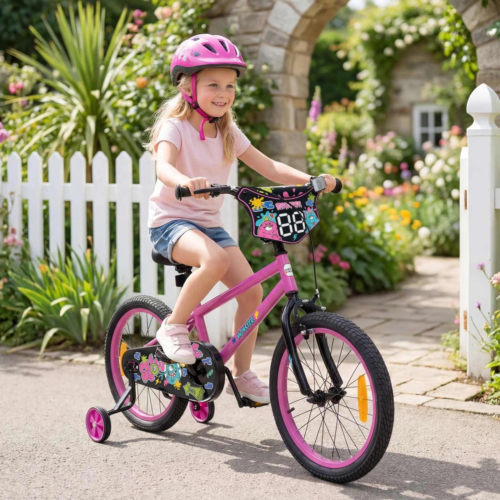 3 Costway 45cm Bike Adjustable Bicycle w/Training Wheels Handbrake Coaster Brake Reflectors - Pink, 3 of 3