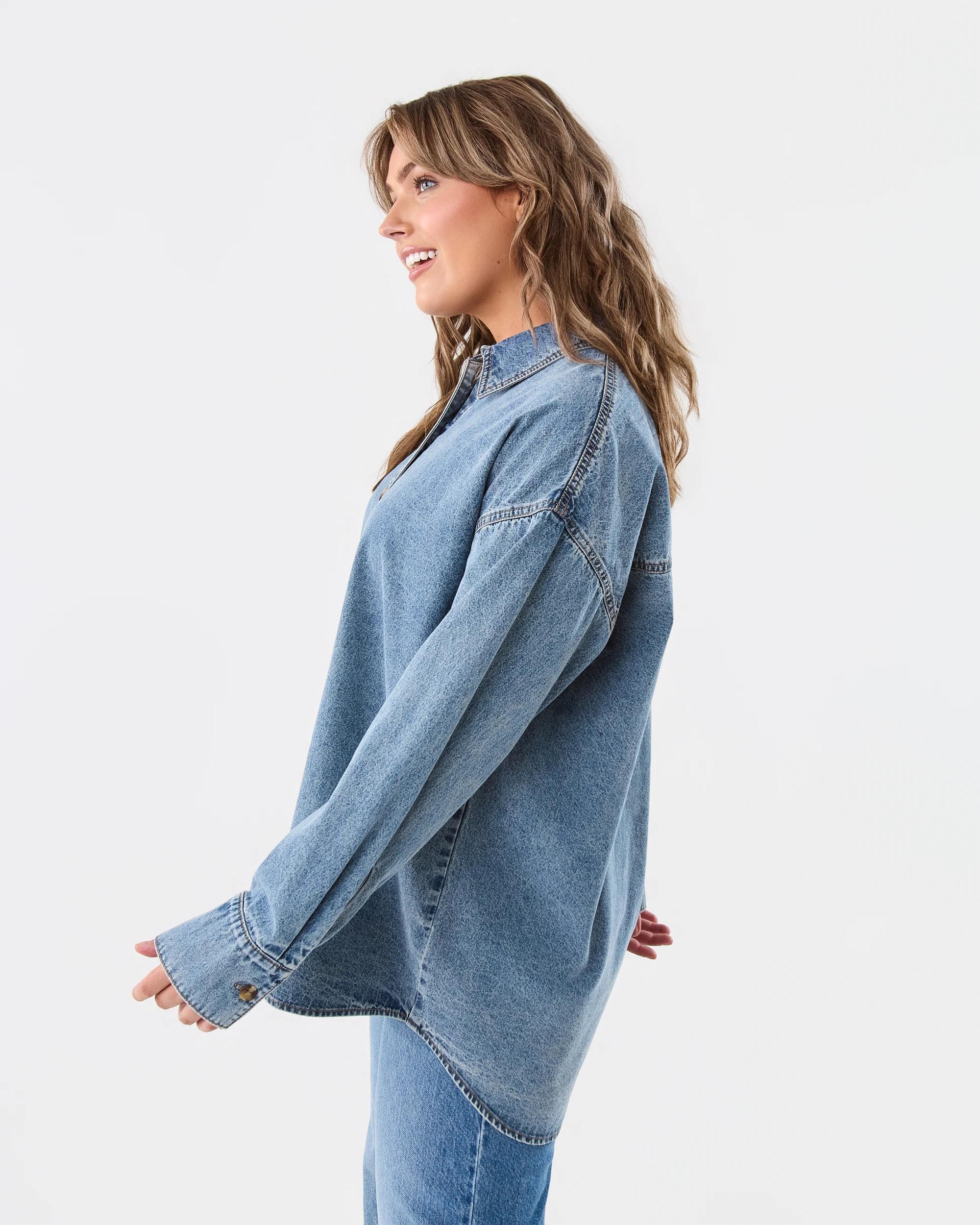 2 Long Sleeve Oversized Denim Shirt Light Wash, 2 of 7
