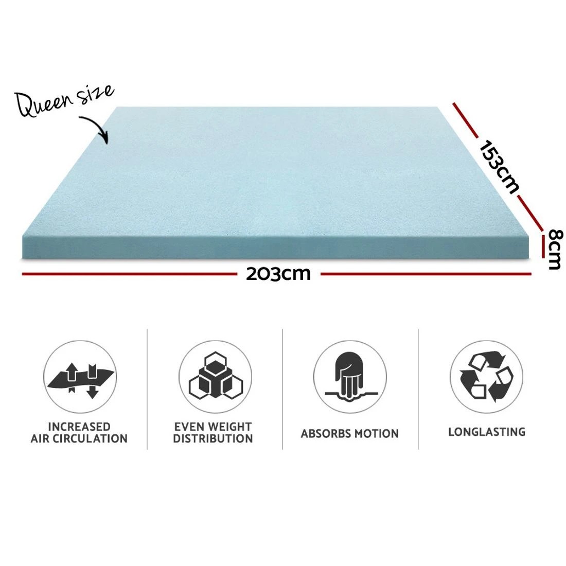 2 Giselle Bedding Memory Foam Mattress Topper Cool Gel 8cm Queen - Queen Bed - Blue, 2 of 8