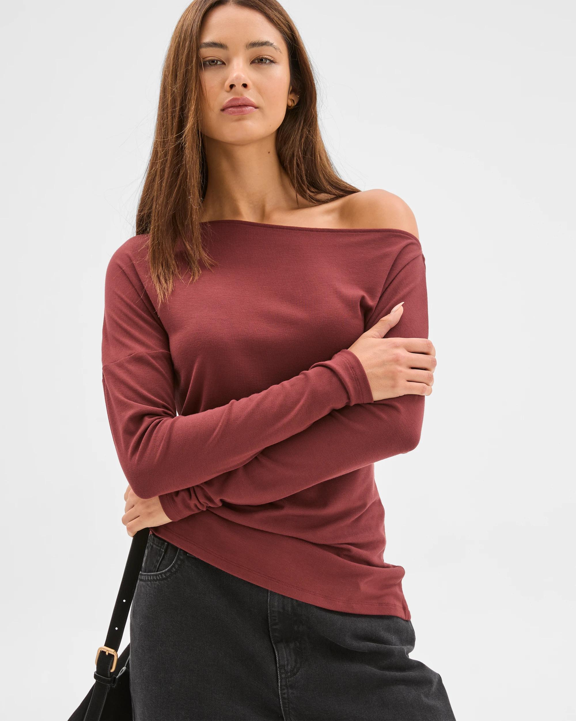 1 Lily Loves Asymmetrical Top MERLOT BURGUNDY, 1 of 5