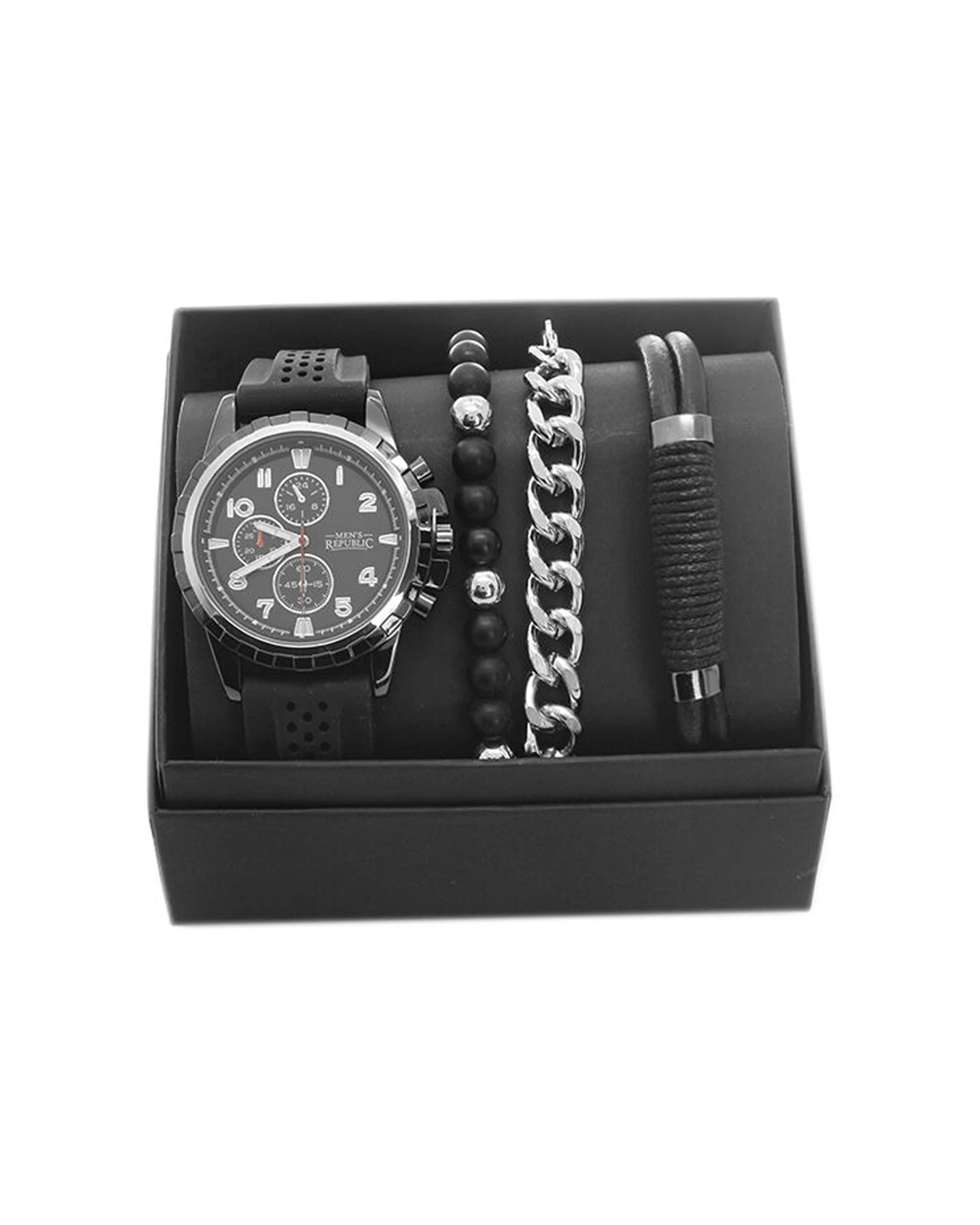 1 Mens Republic Watch Set With 3 Bracelets Alloy Watch Silicone Band Gift Set - Black, 1 of 1