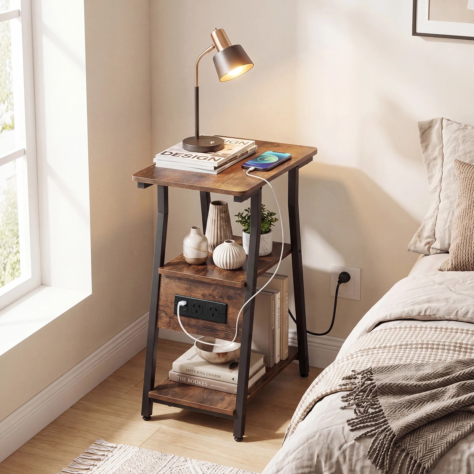 4 Costway 3-Tier Side Table w/Charging Station Industrial Sofa Couch Table, 4 of 5