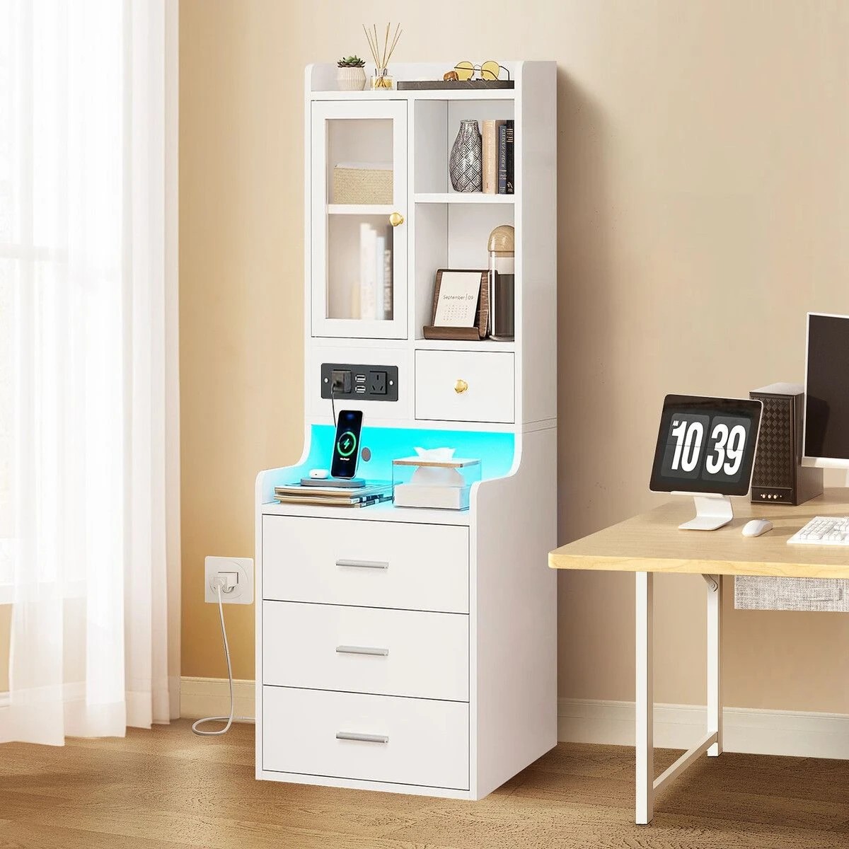 4 LUXSUITE Bedside Table Bookshelf LED Nightstand Lamp Cabinet, 4 of 7