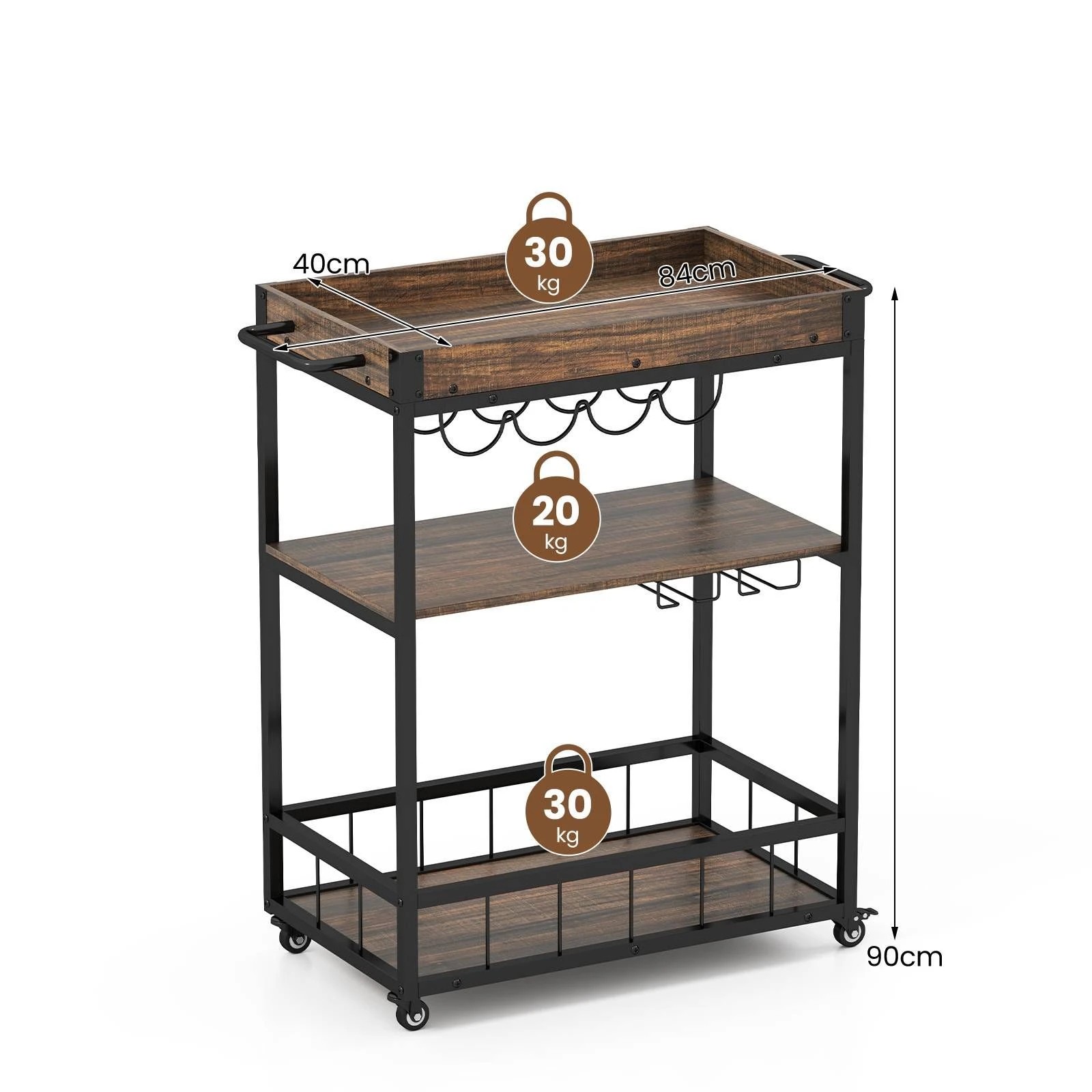 4 Costway 3-Tier Bar Cart w/Glass Holder, 4 of 5