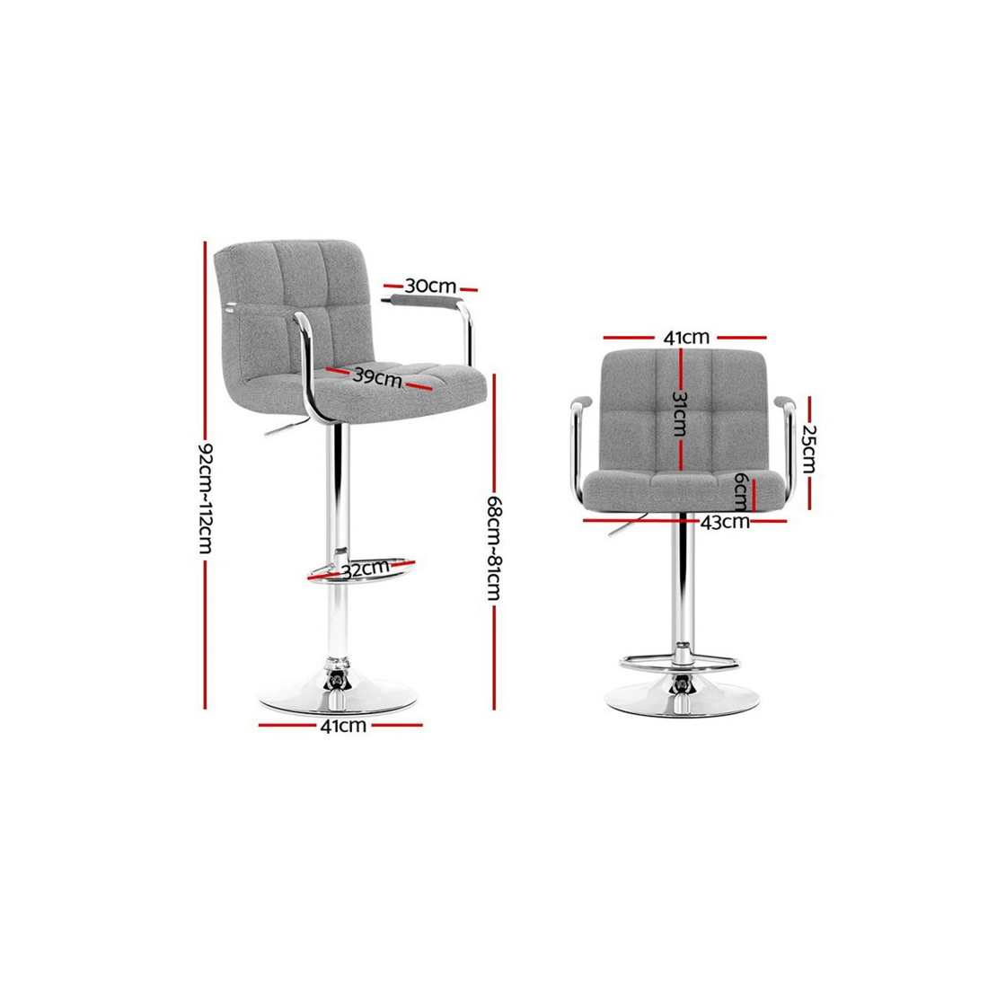 2 Artiss 2x Bar Stools Fabric Gas Lift w/Armrest - Grey, 2 of 5