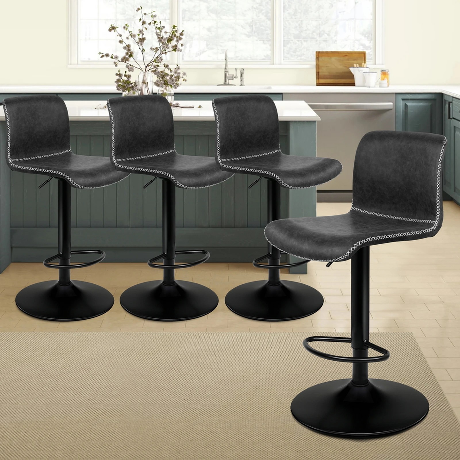 10 Alfordson 4x Bar Stools Remy Kitchen Gas Lift Swivel Chair Vintage Leather - Grey, 10 of 10