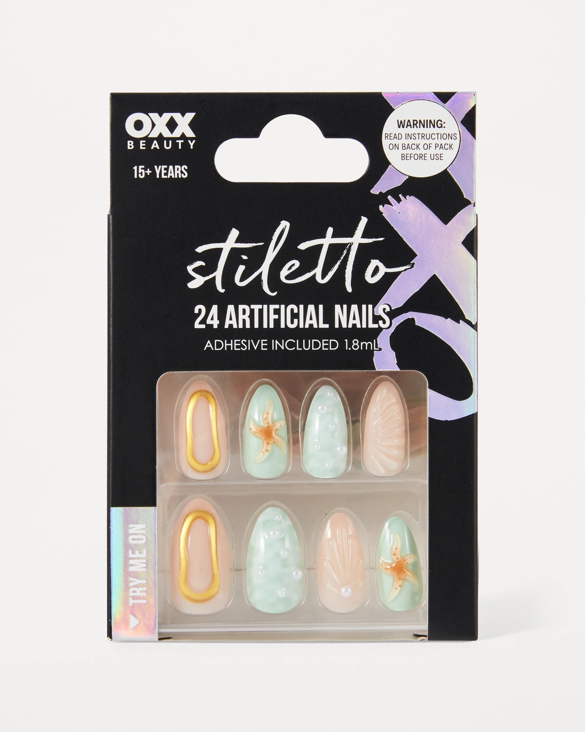 1 OXX Beauty 24 Pack Artificial Nails with Adhesive - Stiletto Shape, 3D Mermaid, 1 of 4